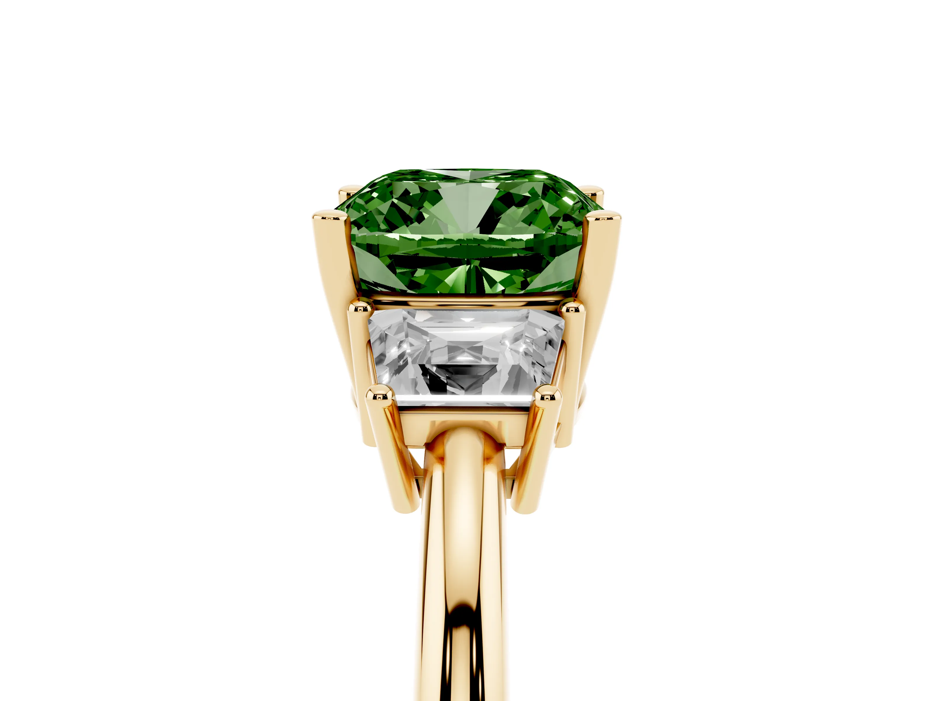 Fancy Green Cushion Cut Diamond Three-Stone Ring Set in Yellow gold with Trapezoid Side Stones and Prong Setting