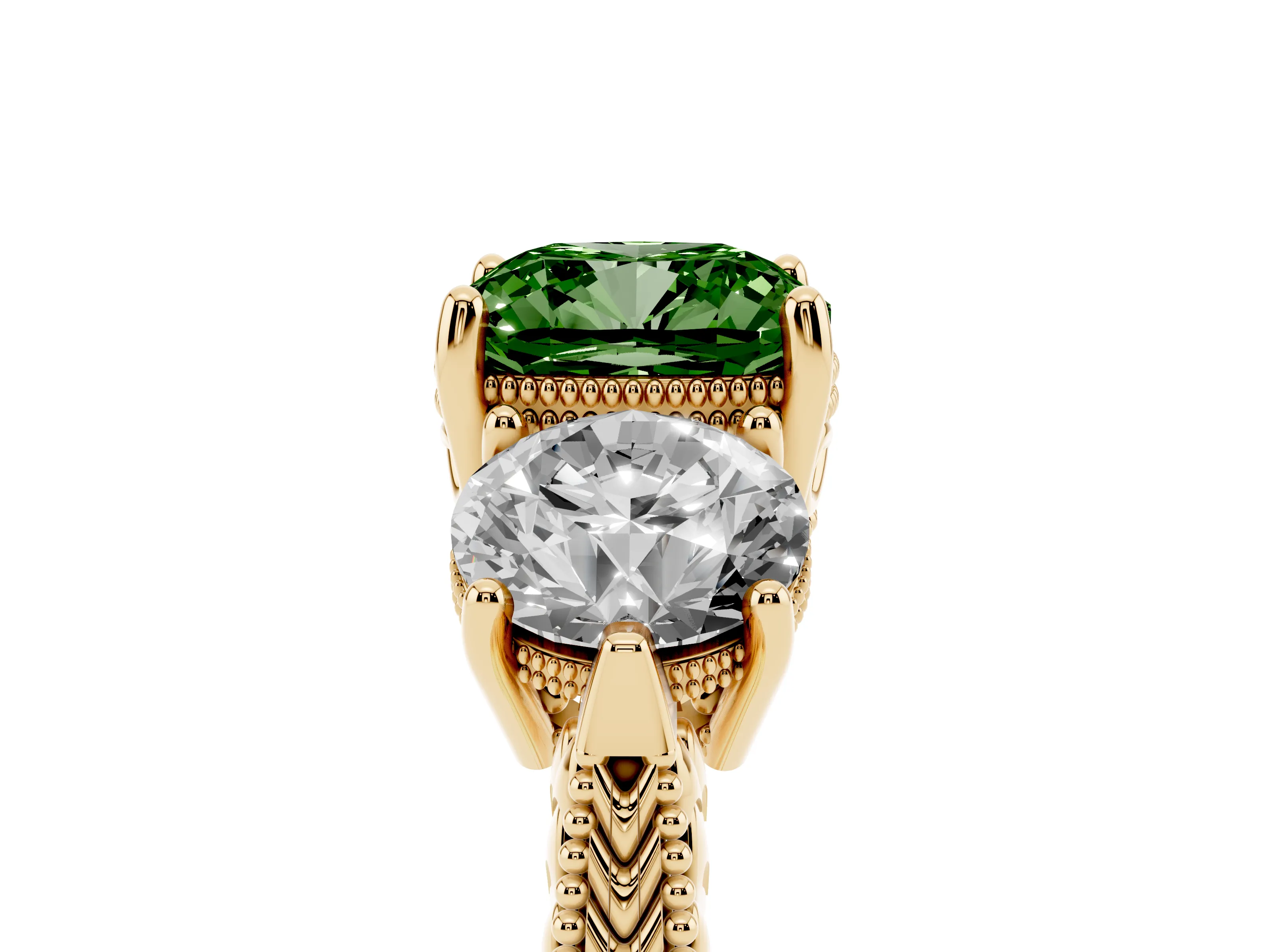 Fancy Green Cushion Cut Diamond Three-Stone Ring Set in Yellow gold with Milgrain Band