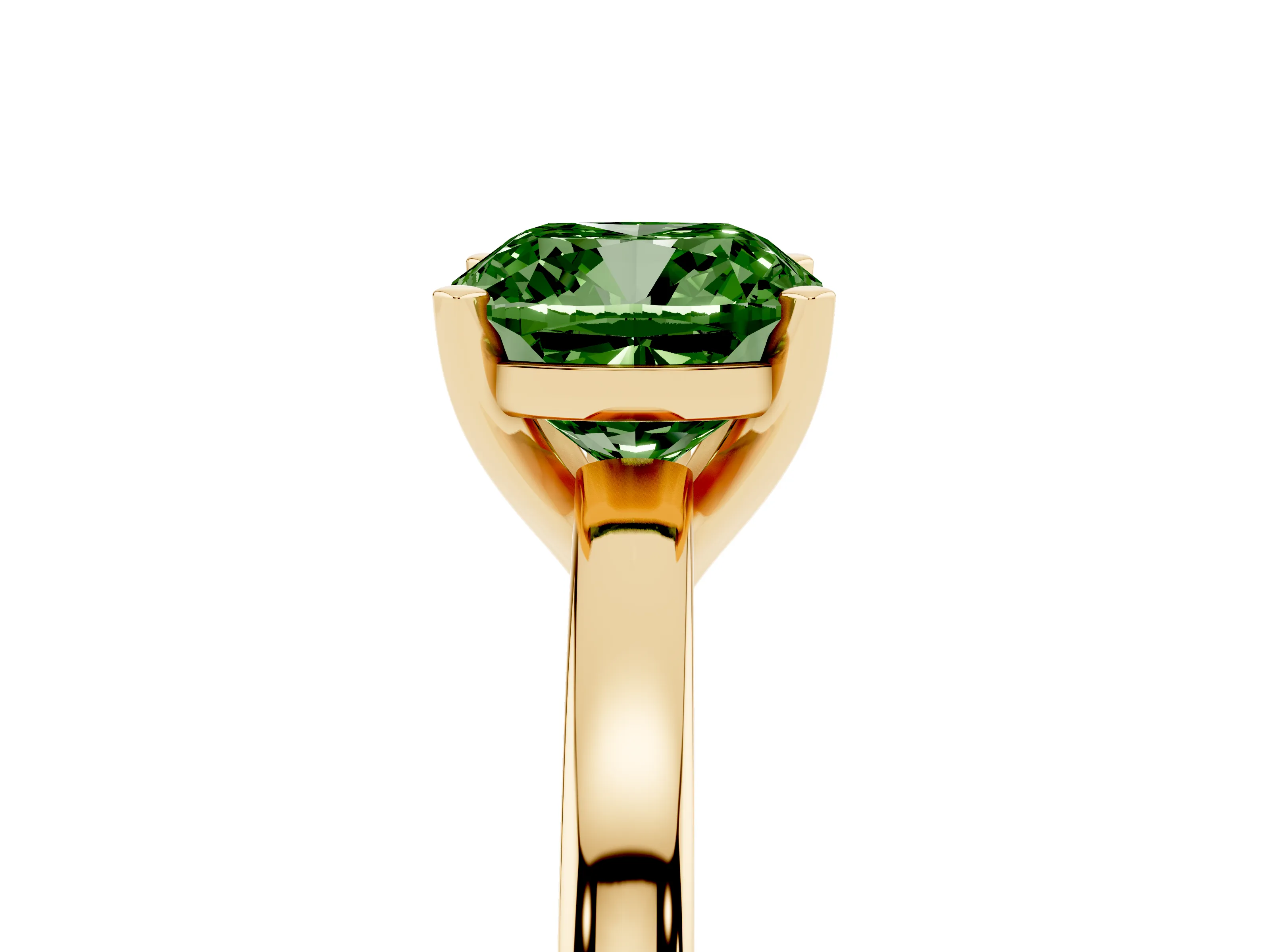 Fancy Green Cushion Cut Diamond Solitaire Engagement Ring Set in Yellow gold with Prong Setting on a Classic Band