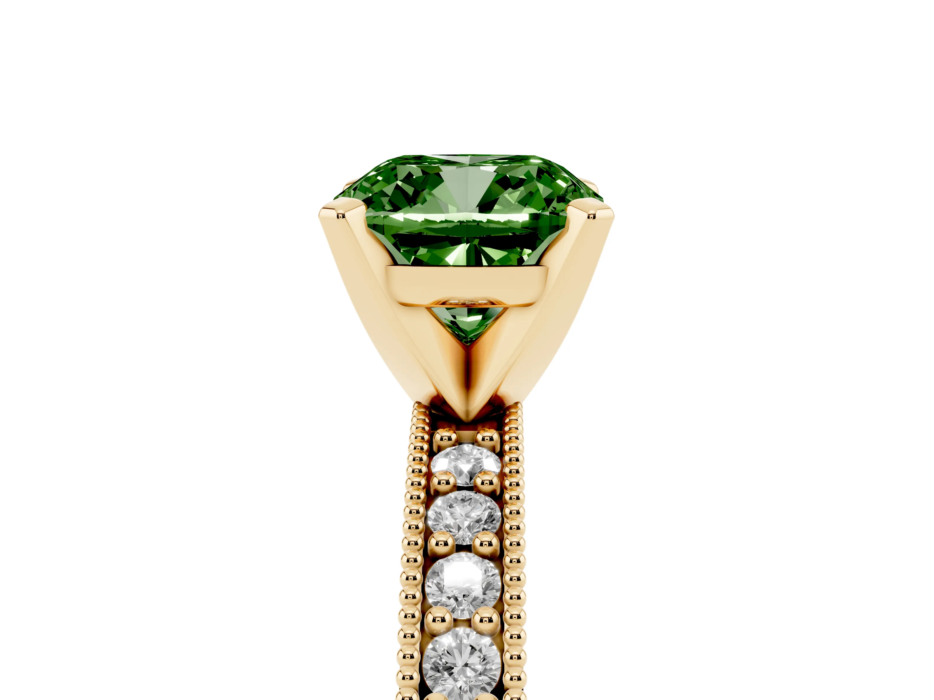 Fancy Green Cushion Cut Diamond Milgrain Pavé Engagement Ring Set in Yellow gold with Prong Setting