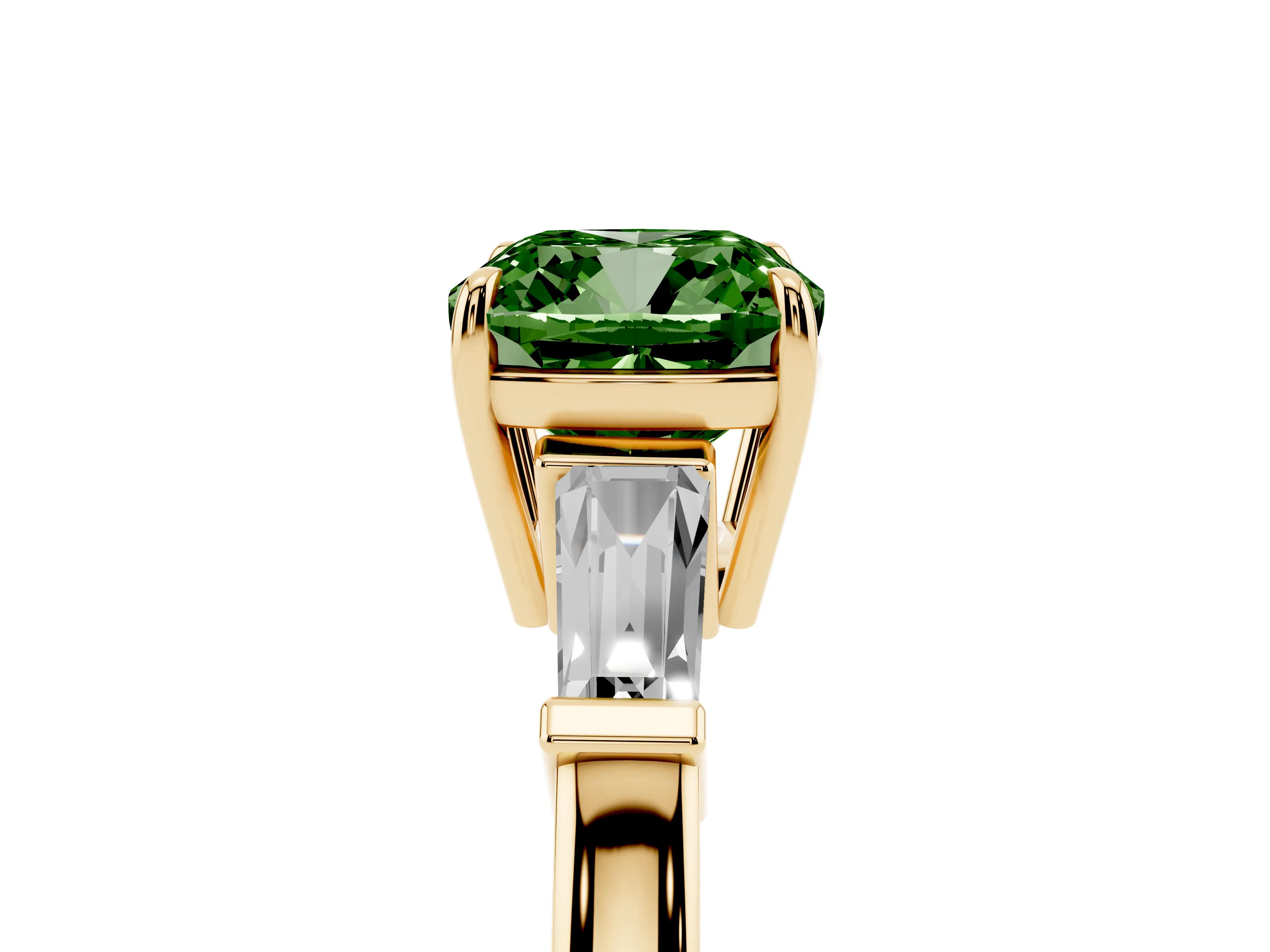 Fancy Green Cushion Cut Diamond Three-Stone Ring Set in Yellow gold with Tapered Baguette Side Stones and Prong Setting