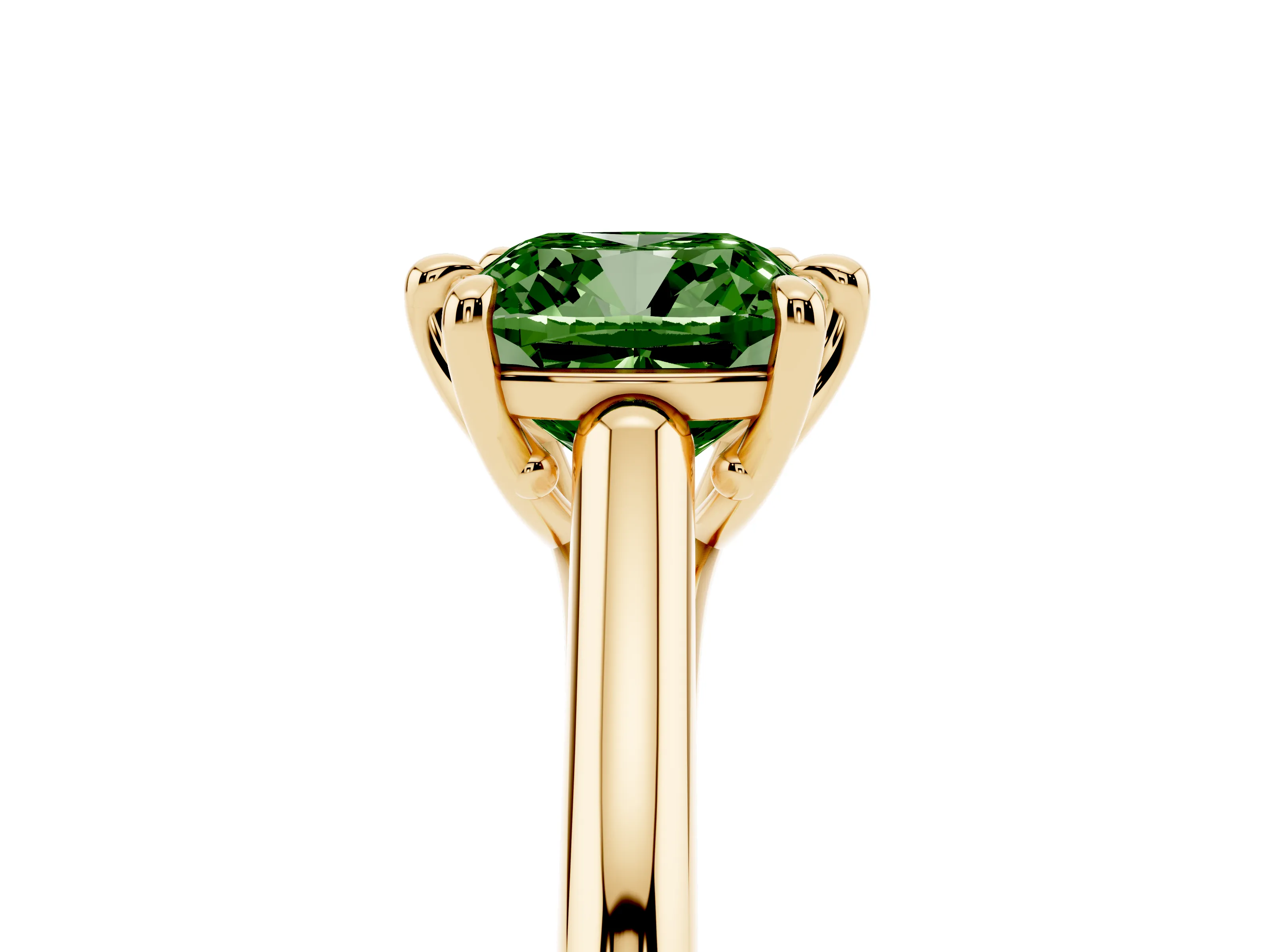 Fancy Green Cushion Cut Diamond Solitaire Engagement Ring Set in Yellow gold with Prong Setting and Plain Classic Band