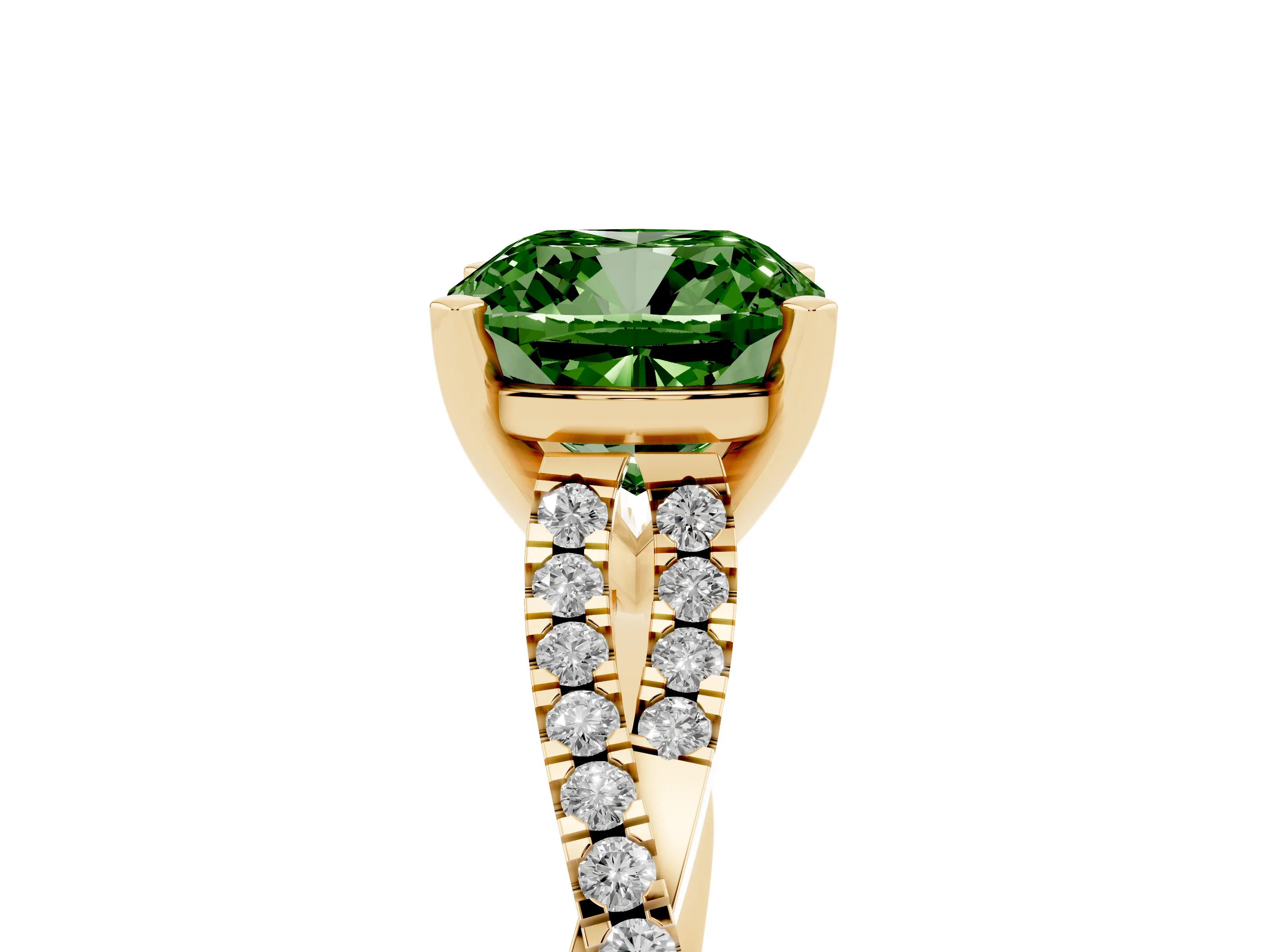 Fancy Green Cushion Cut Diamond Solitaire Engagement Ring Set in Yellow gold with Twisted Pavé Band and Prong Setting
