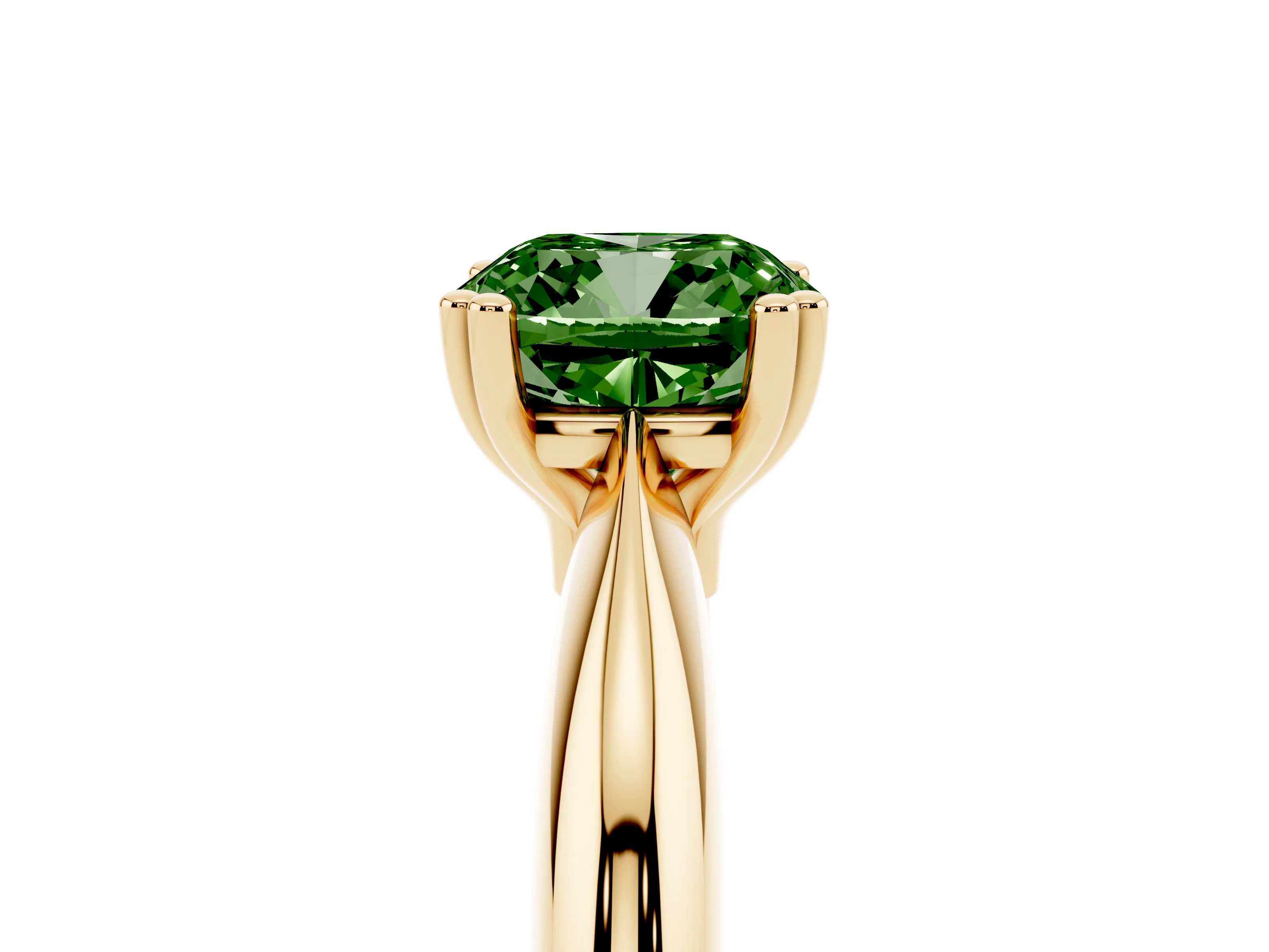 Fancy Green Cushion Cut Diamond Solitaire Engagement Ring Set in Yellow gold with Tapered Band and Prong Setting