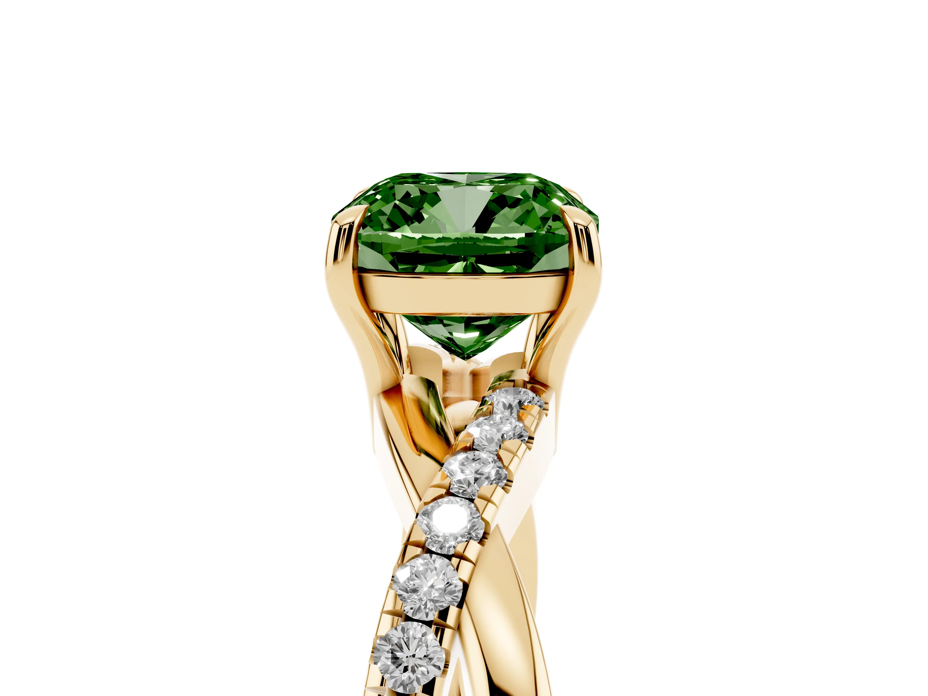 Fancy Green Cushion Cut Diamond Twisted Pavé Band Ring Set in Yellow gold with Prong Setting