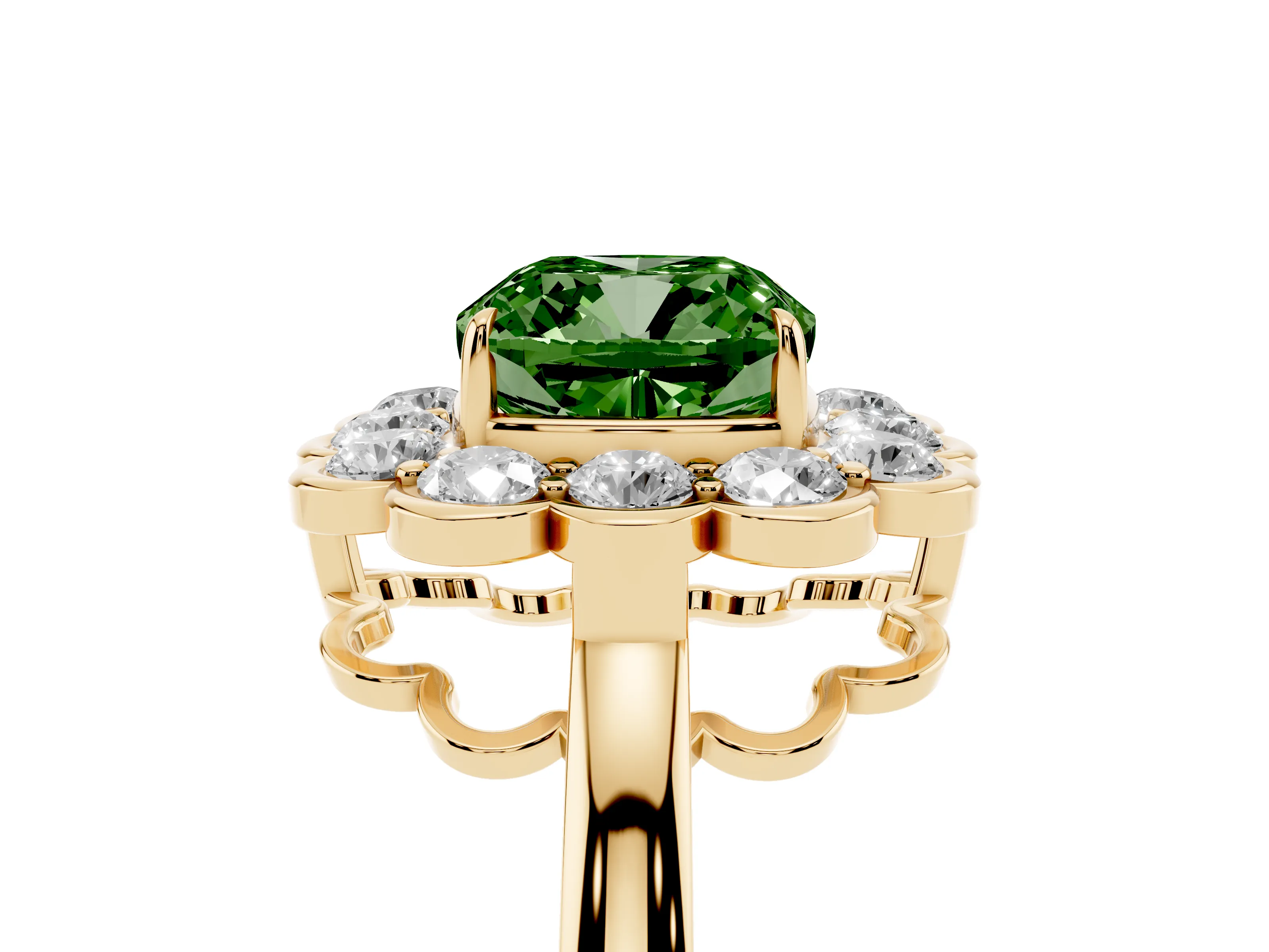 Fancy Green Cushion Cut Diamond Halo Cluster Engagement Ring Set in Yellow gold with Solitaire Band and Prong Setting