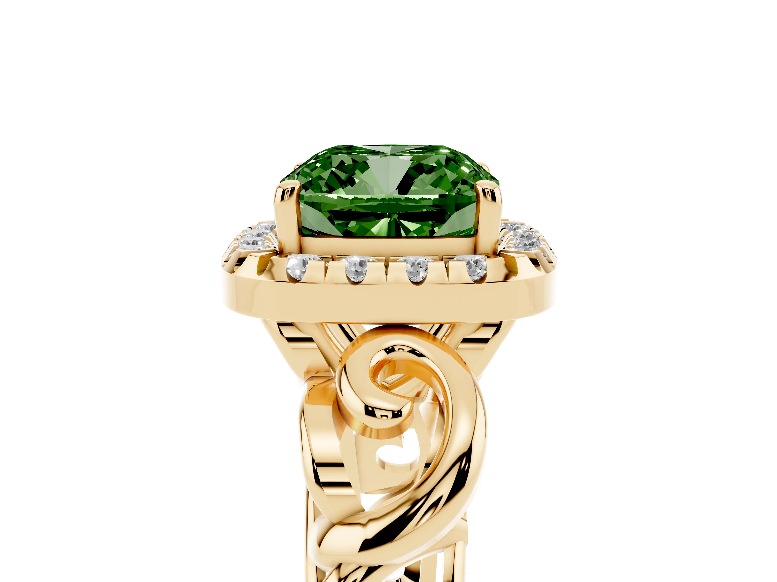 Fancy Green Cushion Cut Diamond Halo Ring Set in Yellow gold with Scrollwork Band and Prong Setting