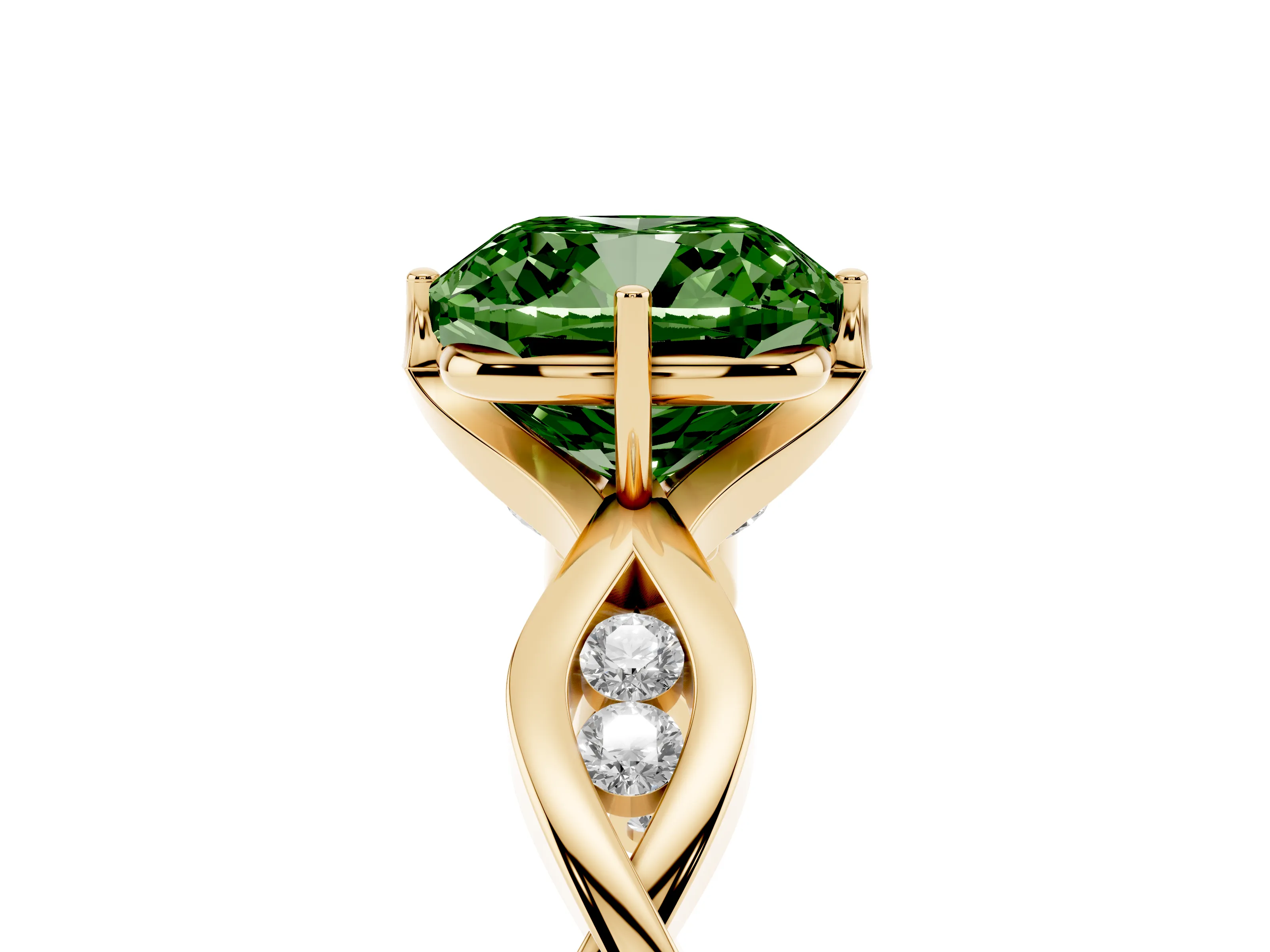 Fancy Green Cushion Cut Diamond Twist Band Solitaire Ring Set in Yellow gold with Leaf Prong Setting and Accent Stones