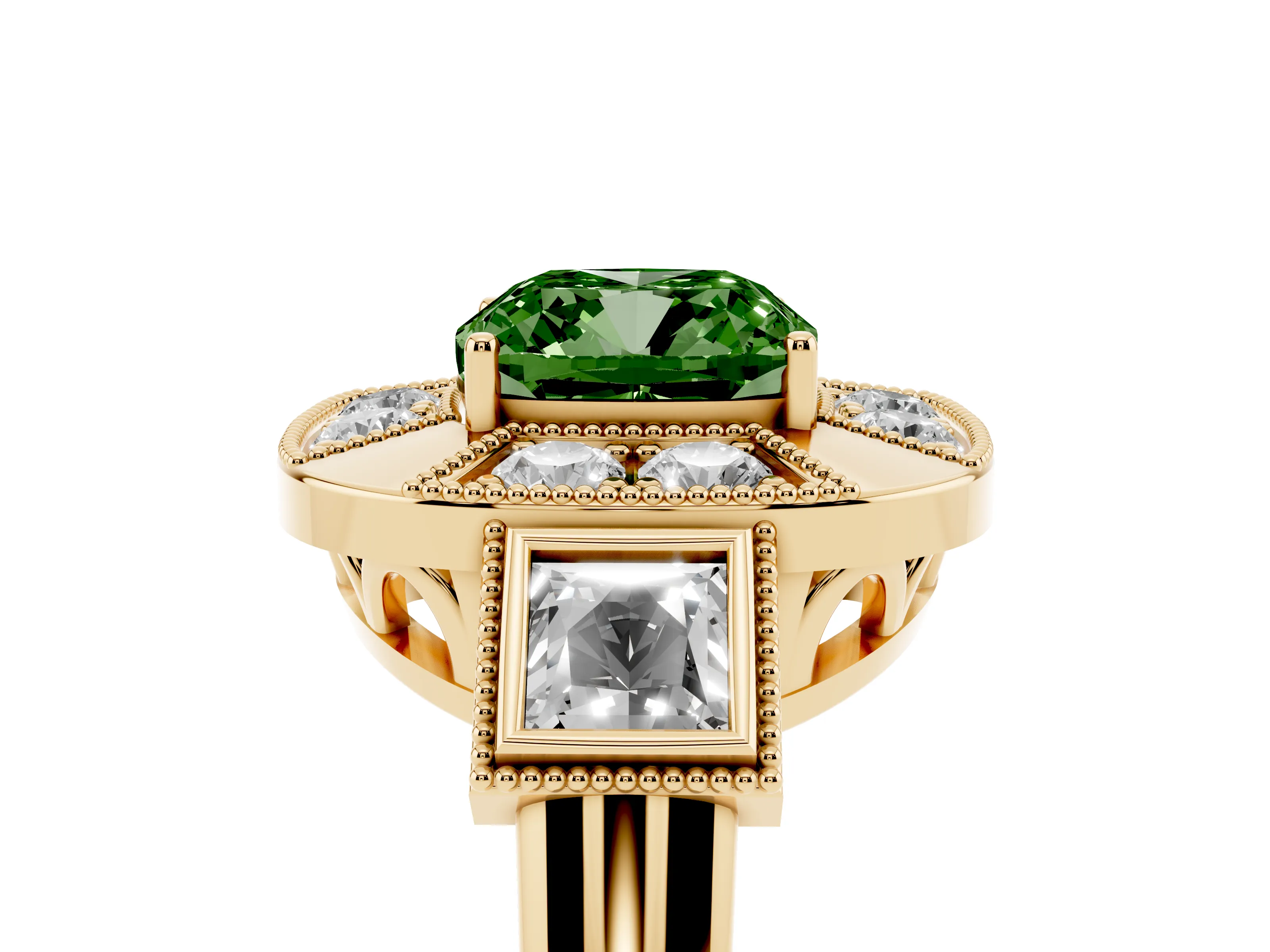 Fancy Green Cushion Cut Diamond Milgrain Halo Ring Set in Yellow gold with Split Shank