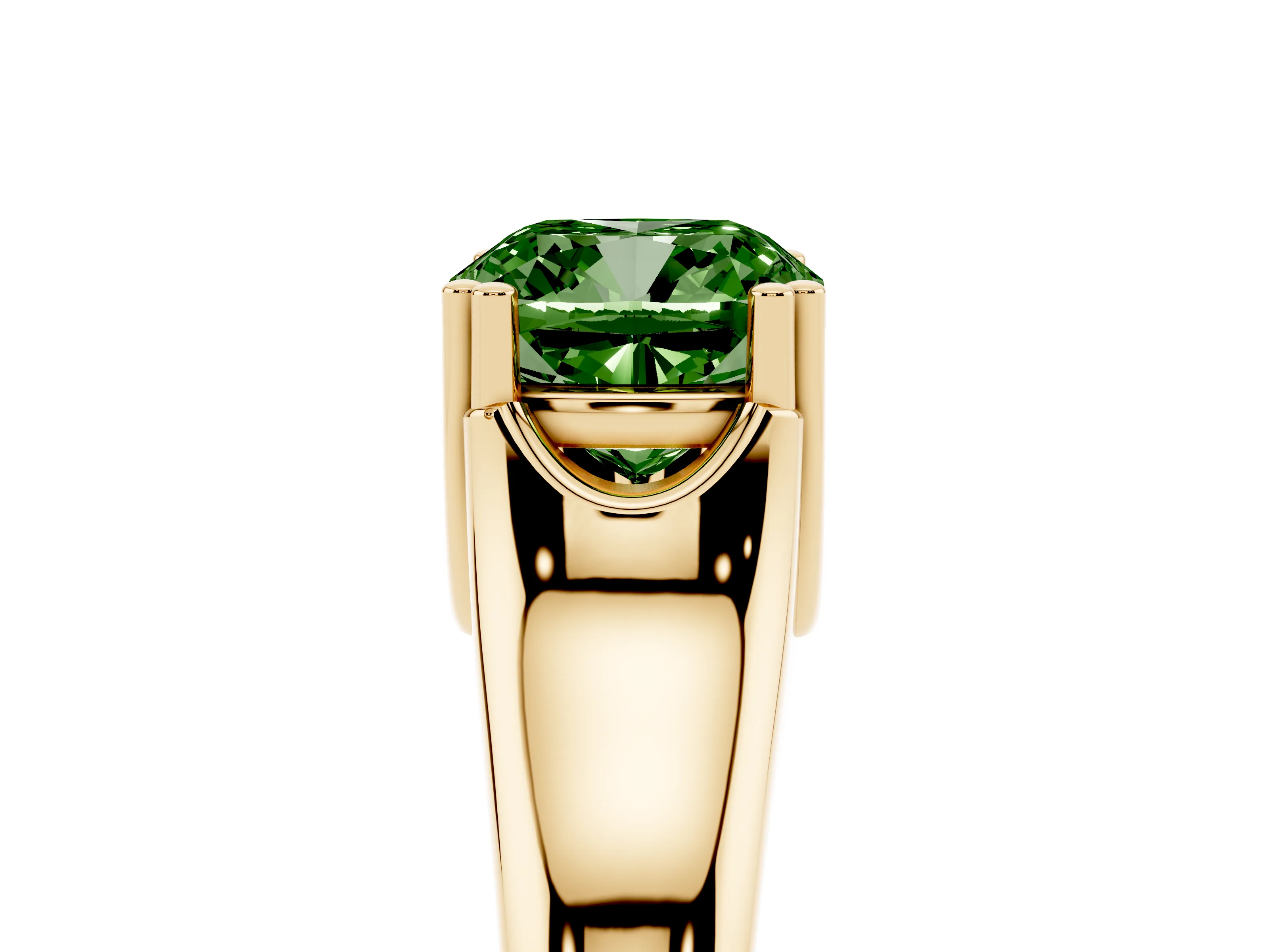 Fancy Green Cushion Cut Diamond Solitaire Ring Set in Yellow gold with Wide Band and Prong Setting