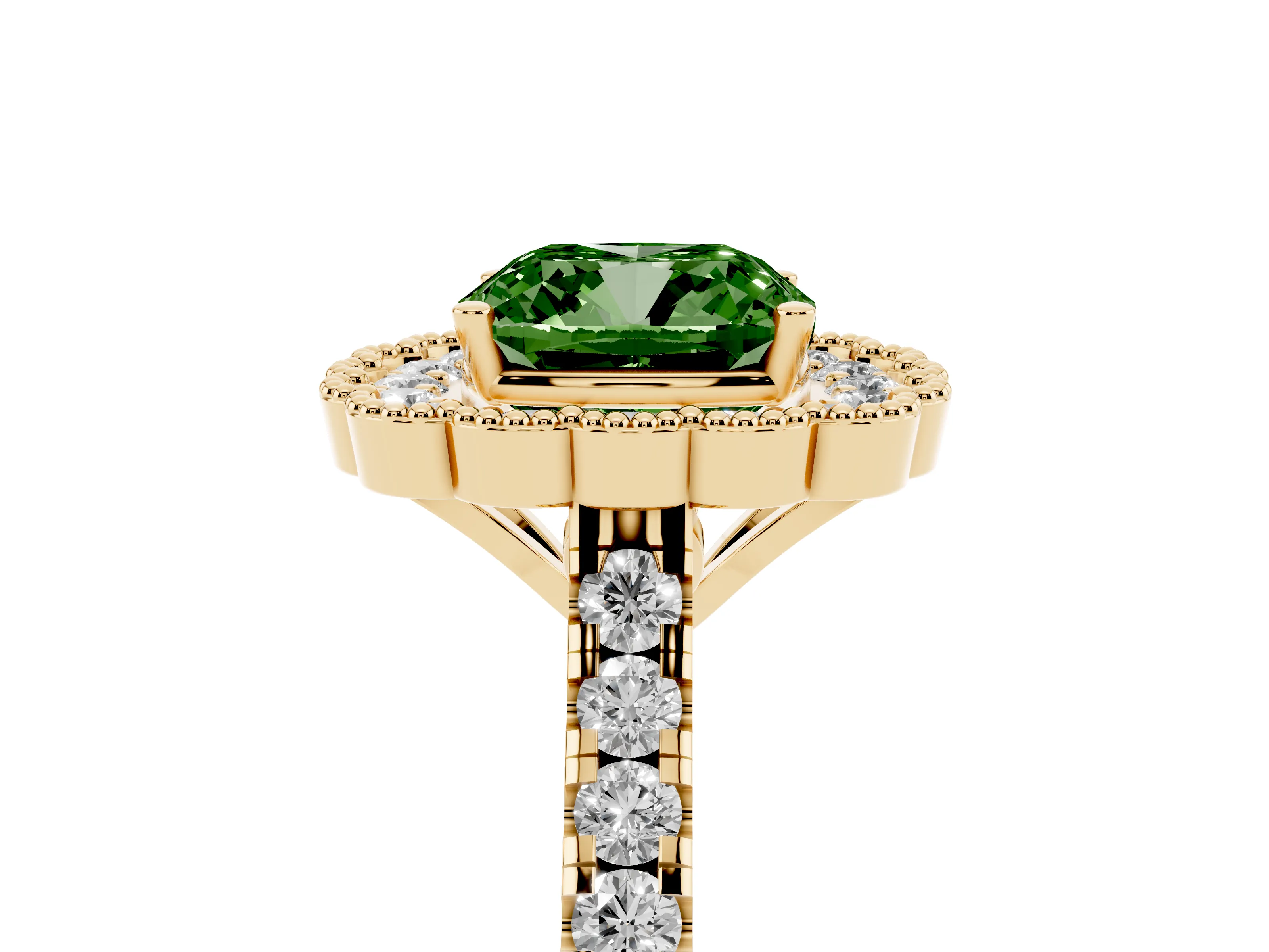 Fancy Green Cushion Cut Diamond Milgrain Floral Halo Engagement Ring Set in Yellow gold with Pavé Band