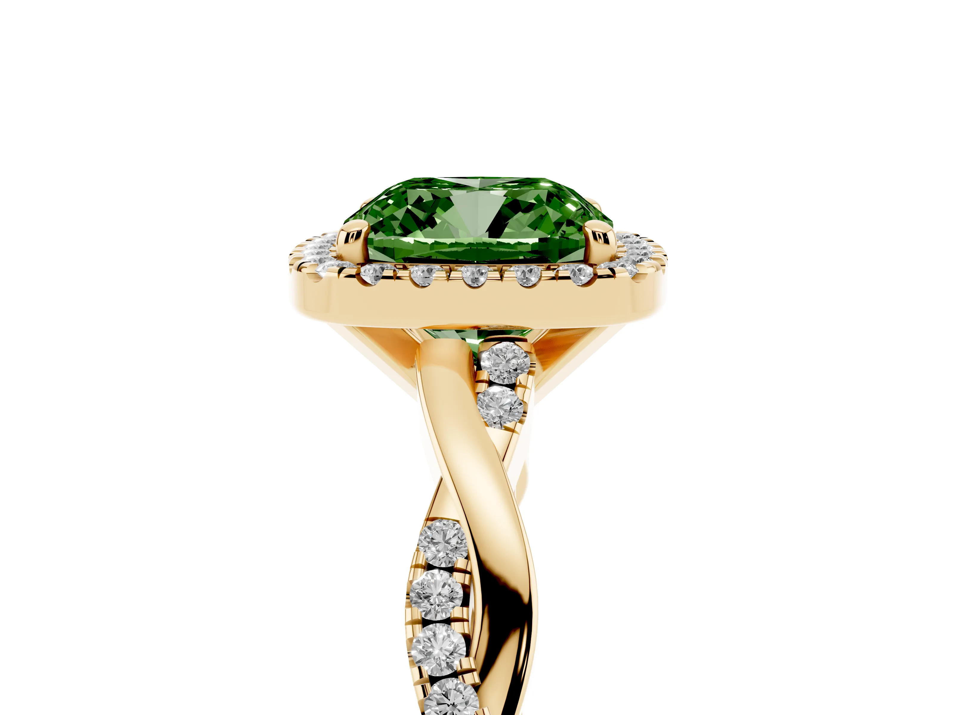 Fancy Green Cushion Cut Diamond Halo Twisted Band Ring Set in Yellow gold with Prong Setting