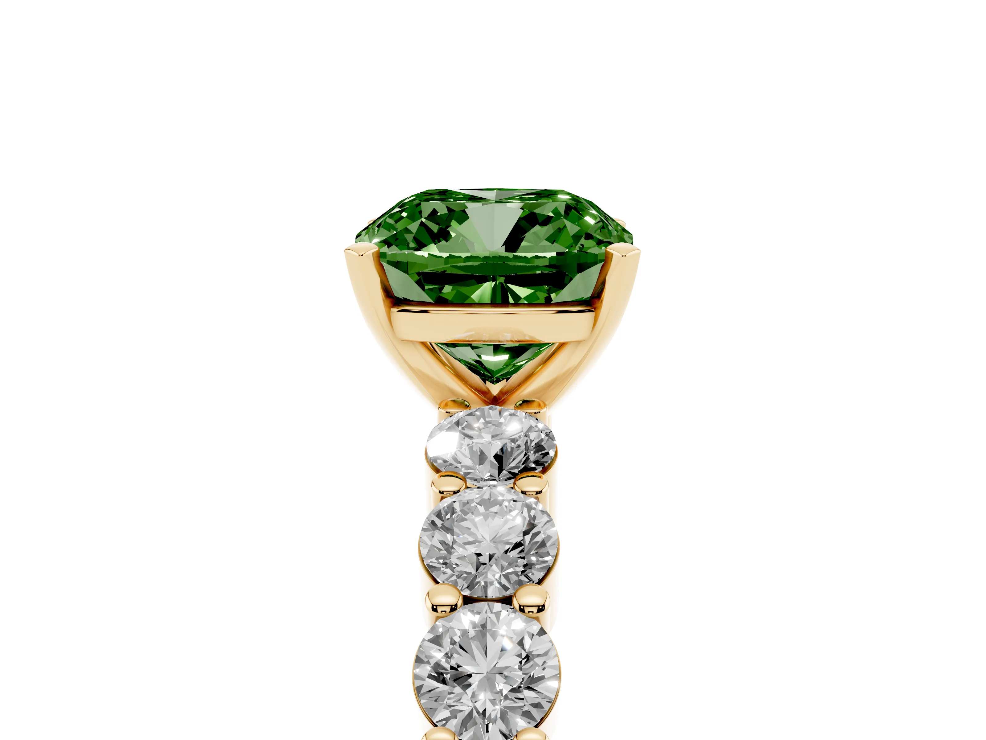 Fancy Green Cushion Cut Diamond Solitaire Ring Set in Yellow gold with Shared Prong Round Side Stones