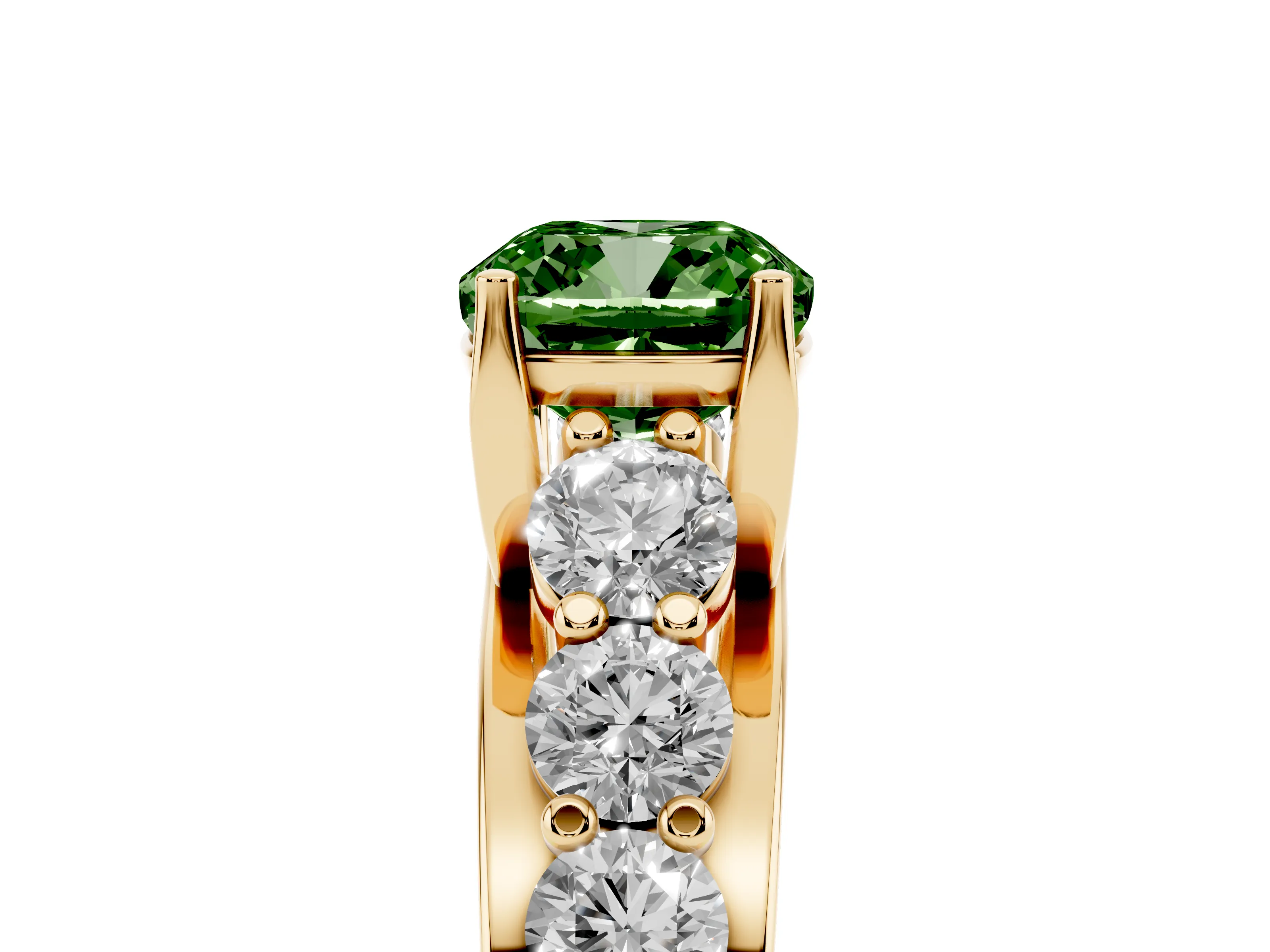 Fancy Green Cushion Cut Diamond Pavé Engagement Ring Set in Yellow gold with Prong Setting