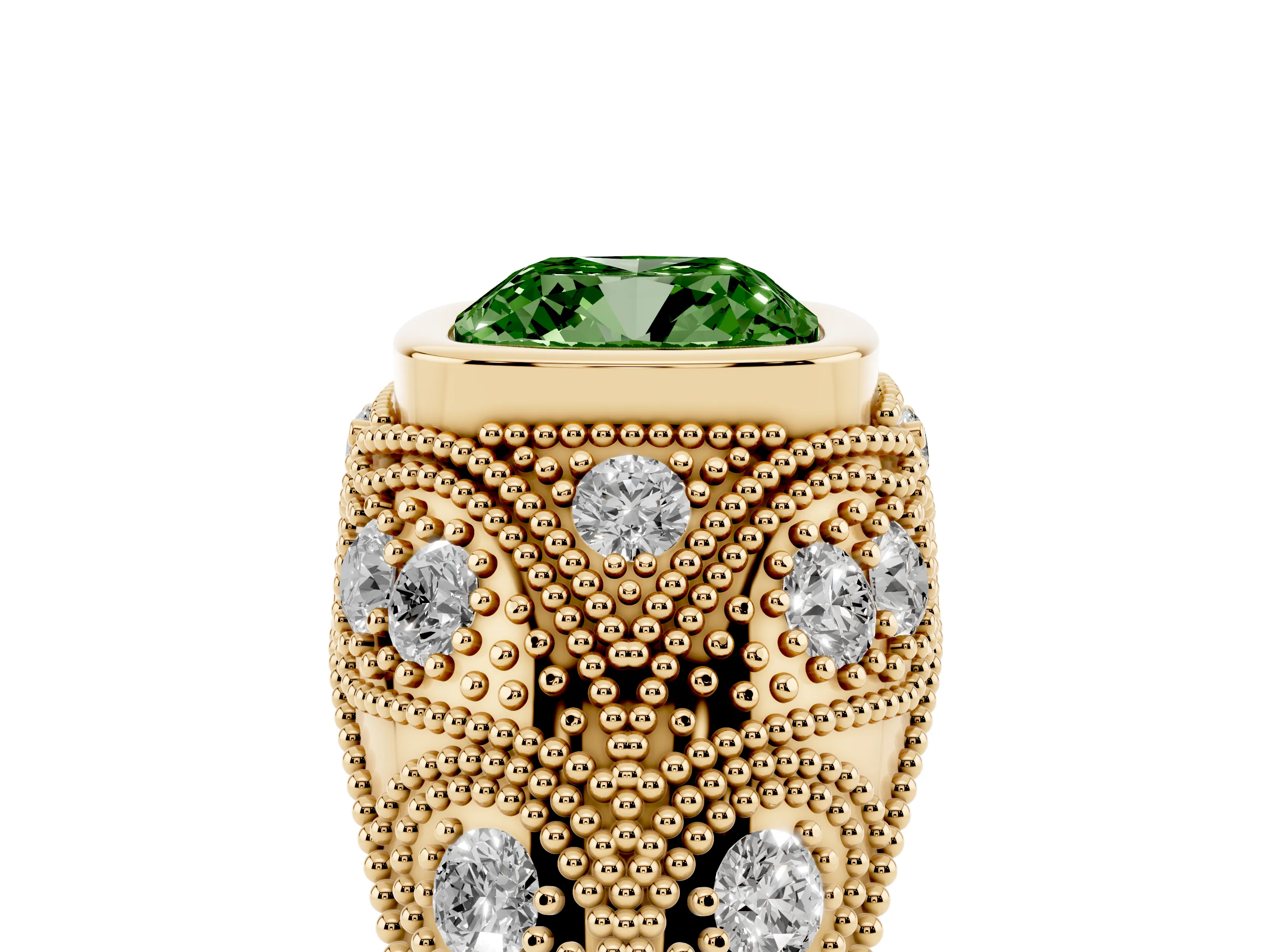Fancy Green Cushion Cut Diamond Bezel Ring Set in Yellow gold with Milgrain Accent Band