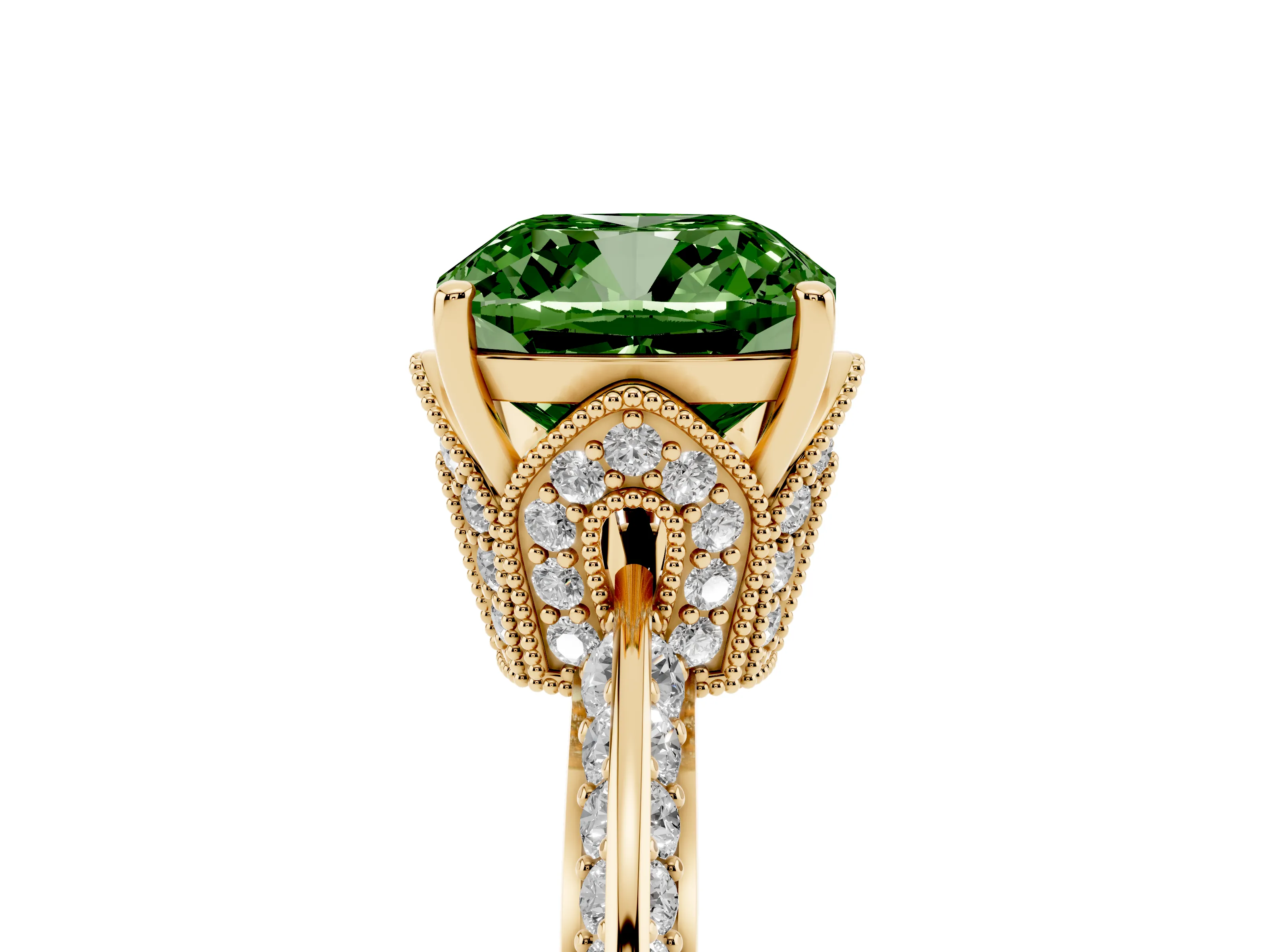 Fancy Green Cushion Cut Diamond Solitaire Engagement Ring Set in Yellow gold with Pavé Split Shank and Prong Setting