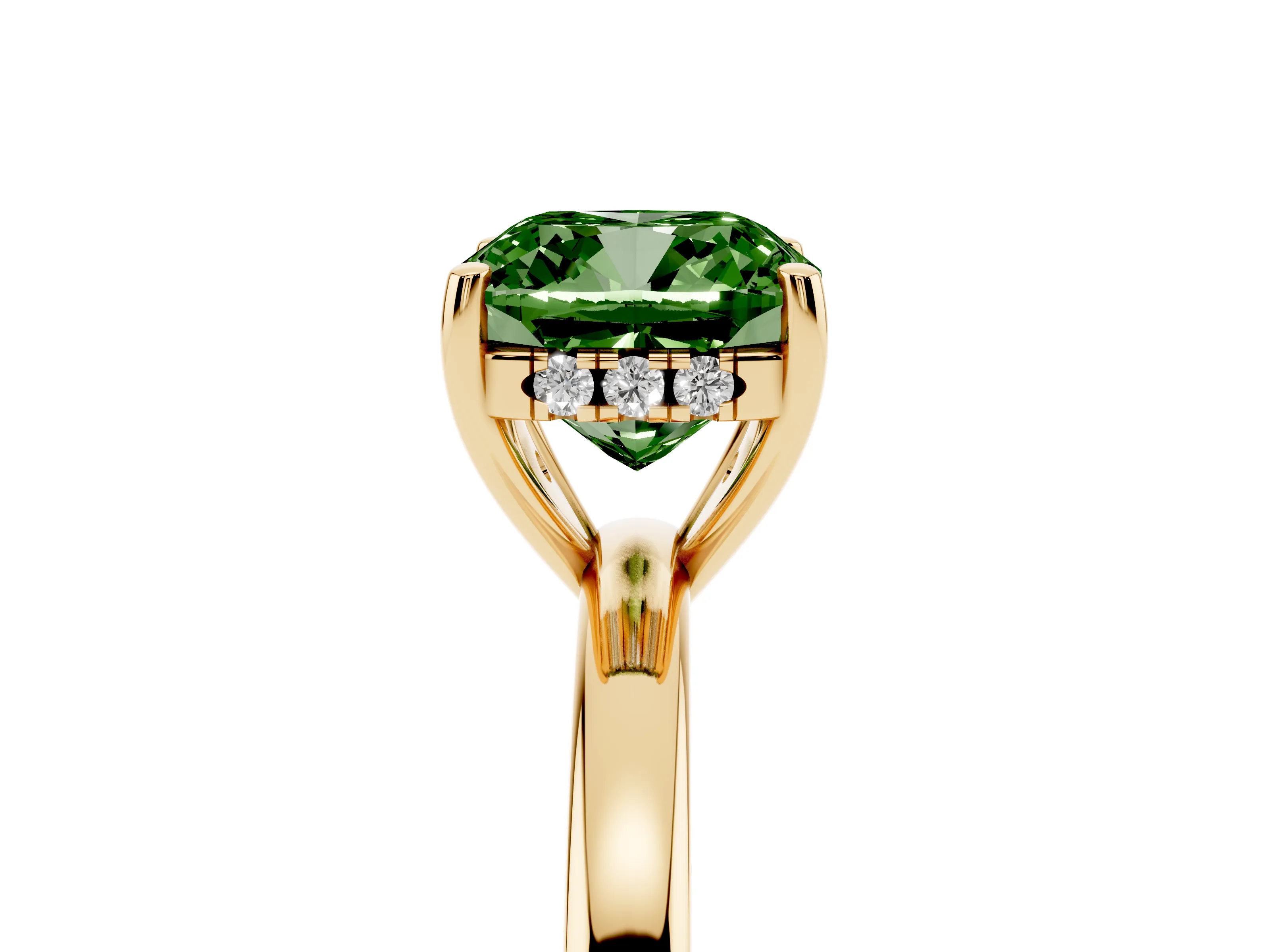 Fancy Green Cushion Cut Diamond Solitaire Ring Set in Yellow gold with Plain Band and Prong Setting