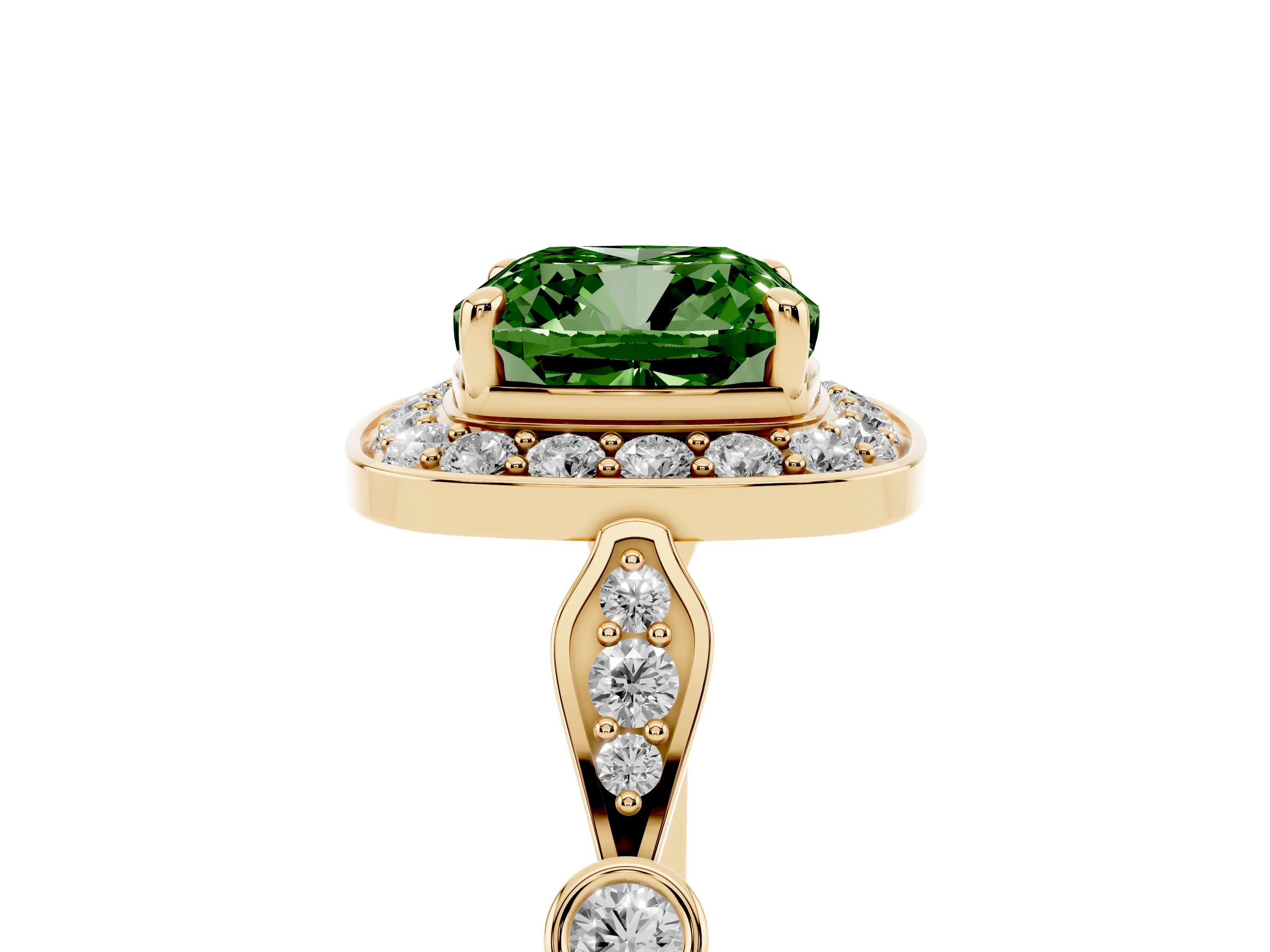 Fancy Green Cushion Cut Diamond Halo Engagement Ring Set in Yellow gold with Twisted Band and Prong Setting