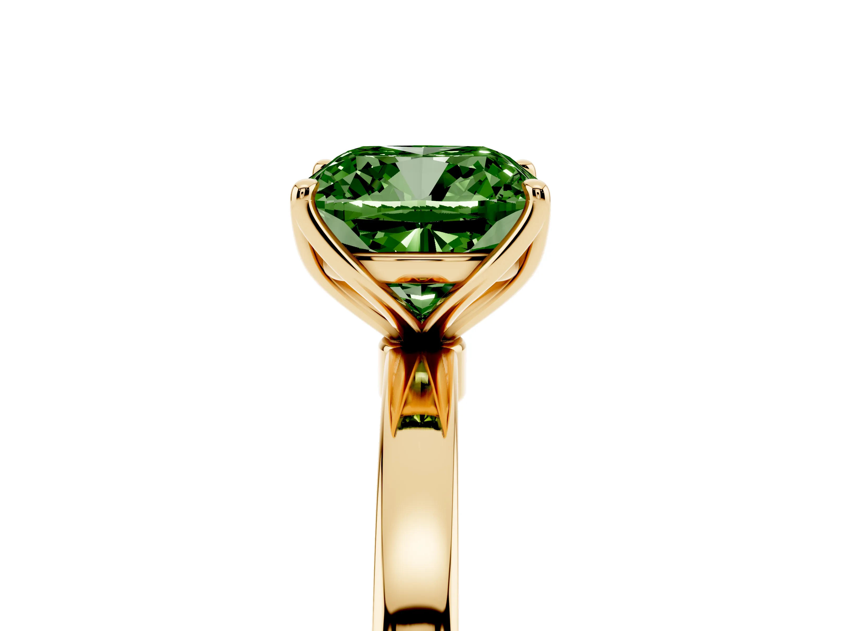 Fancy Green Cushion Cut Diamond Solitaire Ring Set in Yellow gold with Prong Setting and Thin Polished Band