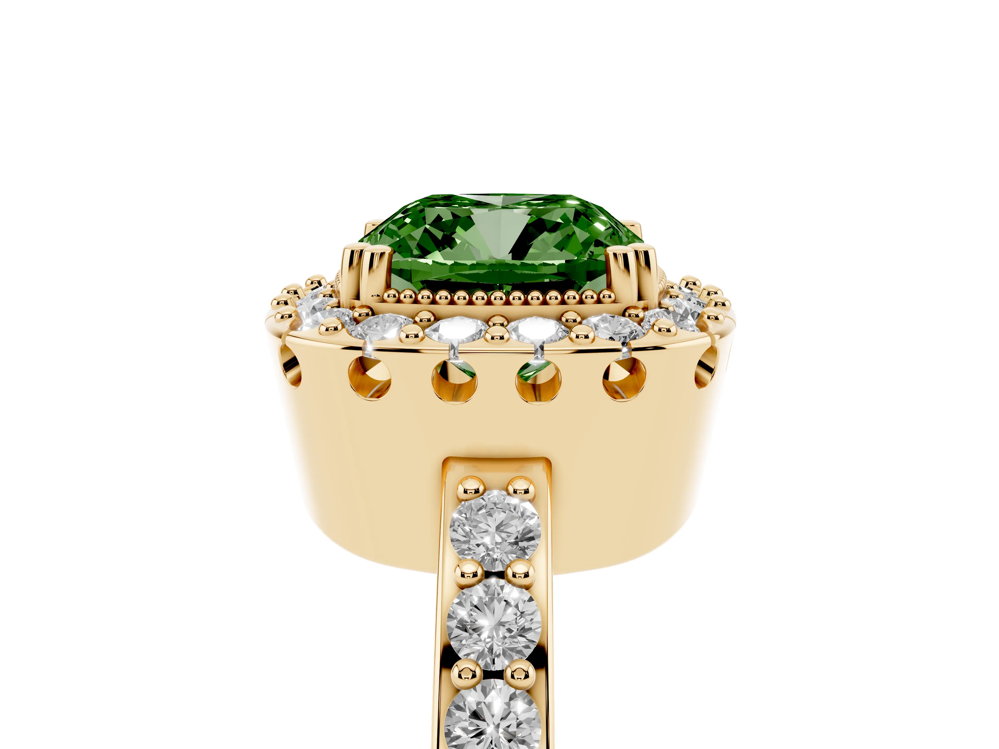 Fancy Green Cushion Cut Diamond Halo Ring Set in Yellow gold with Pavé Shank and Prong Setting