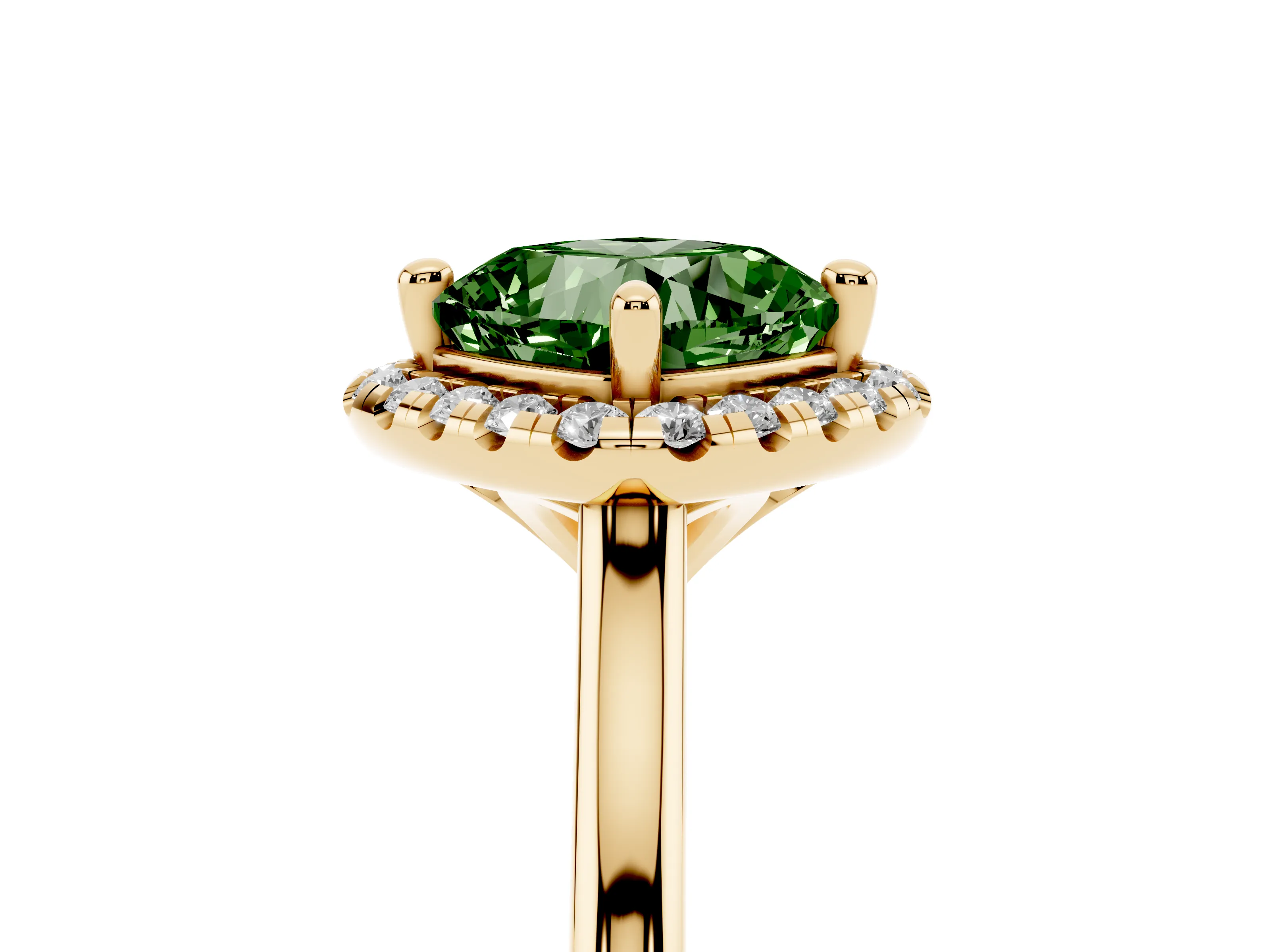 Fancy Green Cushion Cut Diamond Halo Engagement Ring Set in Yellow gold with Pavé Band and Rising Shoulders