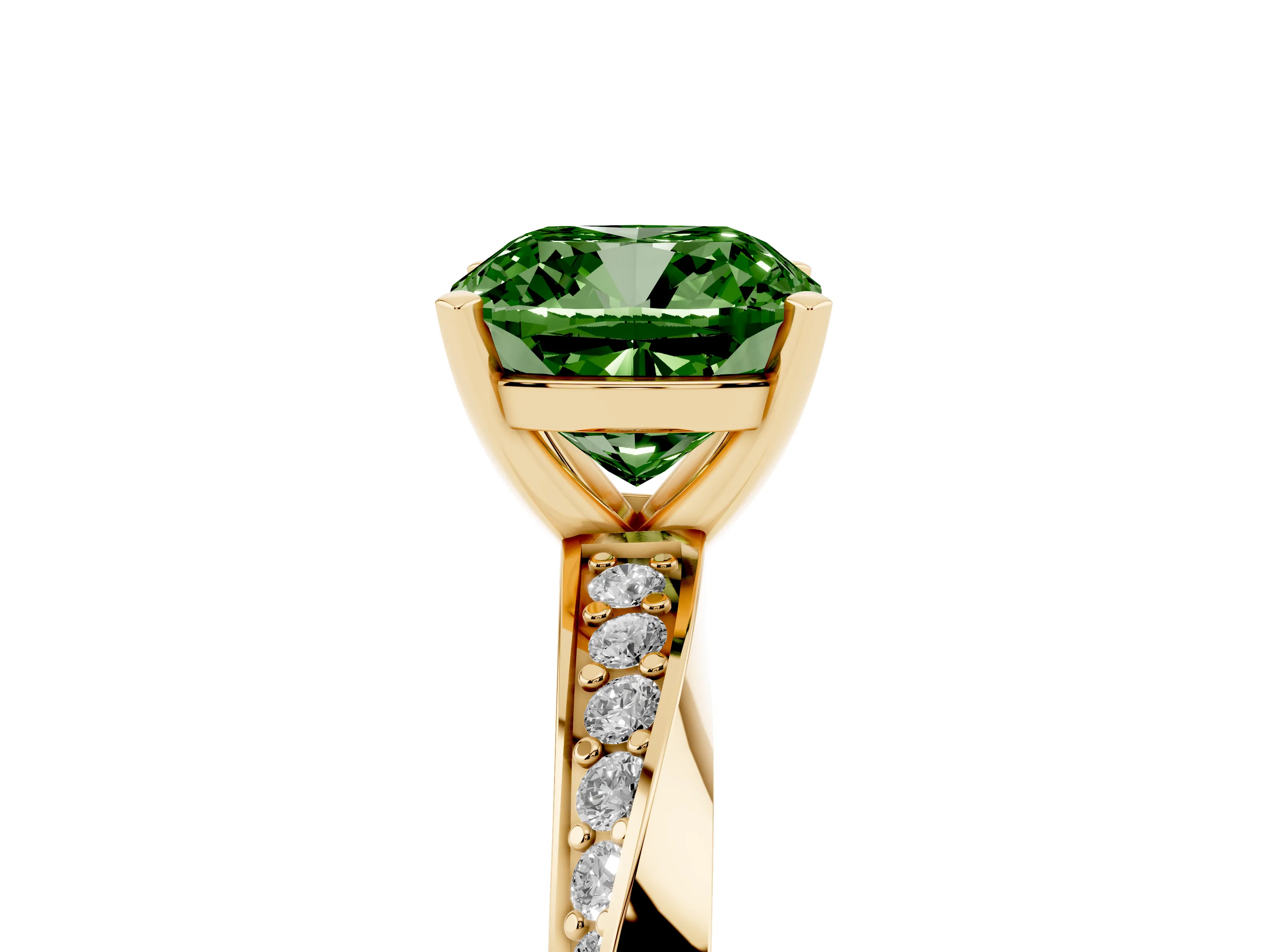 Fancy Green Cushion Cut Diamond Engagement Ring Set in Yellow gold with Side Stone Accents and Prong Setting