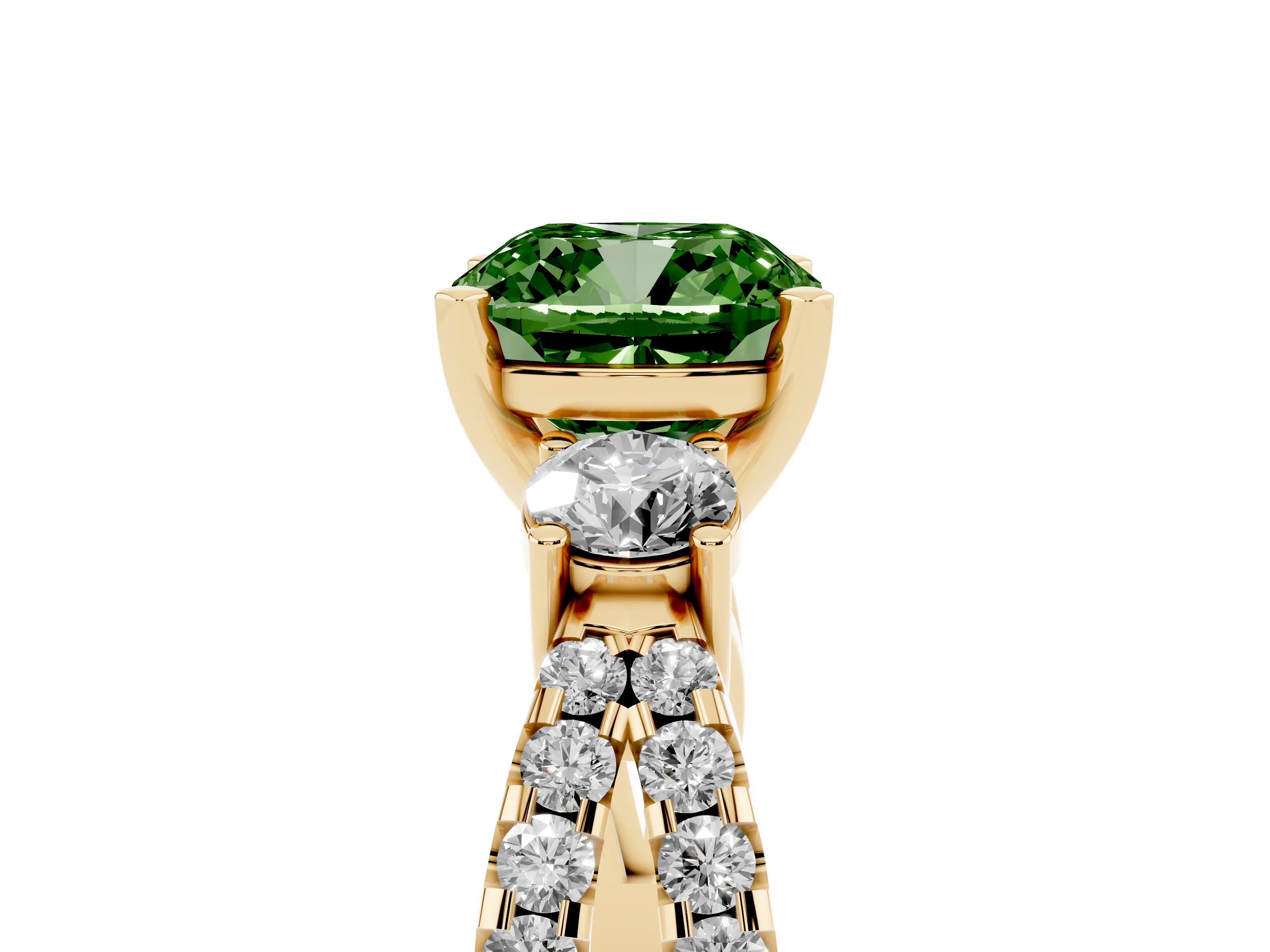 Fancy Green Cushion Cut Diamond Three-Stone Ring Set in Yellow gold with Pavé Split Shank and Prong Setting
