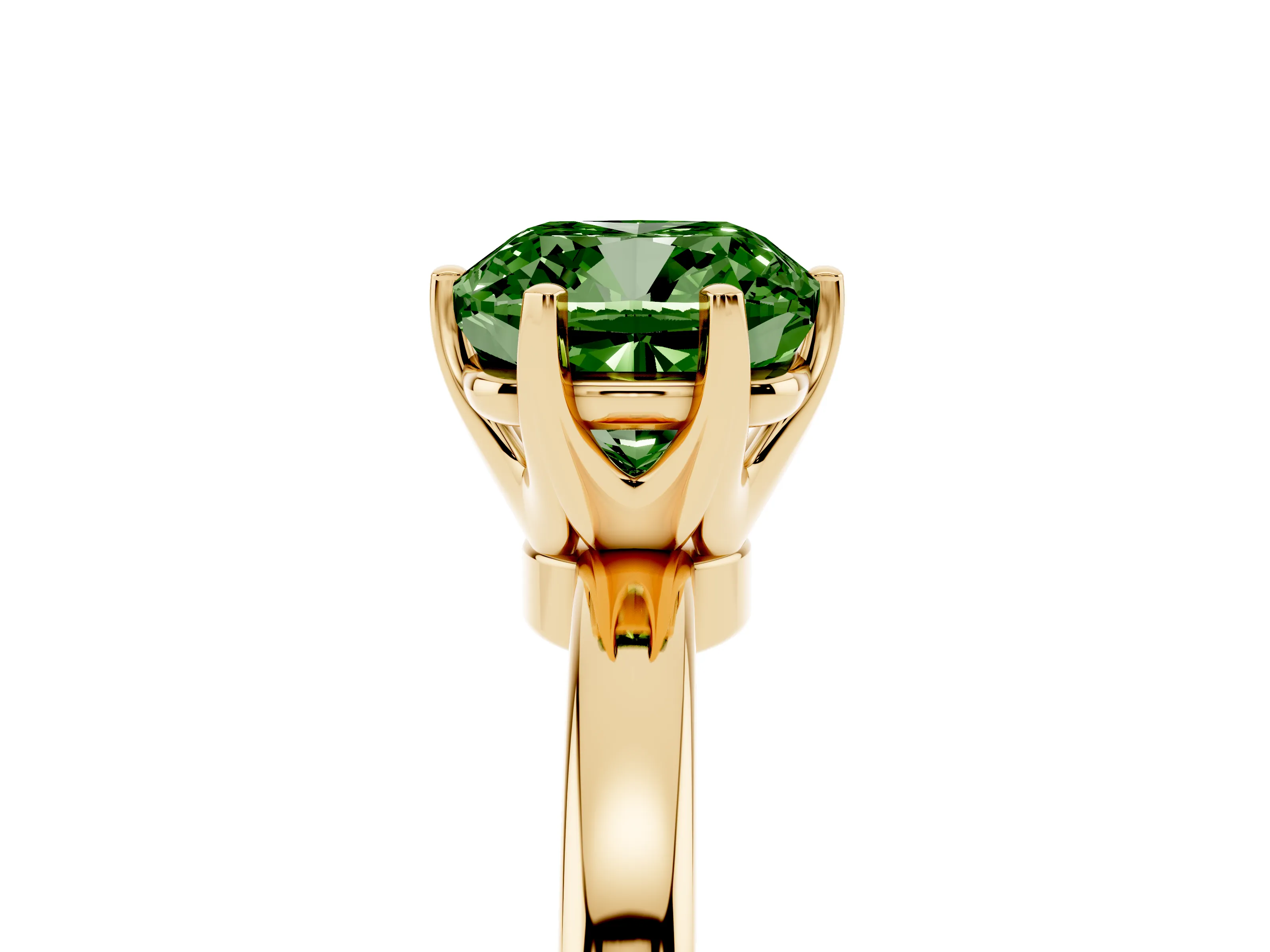 Fancy Green Cushion Cut Diamond Solitaire Ring Set in Yellow gold with Raised Prong Setting on a Classic Band