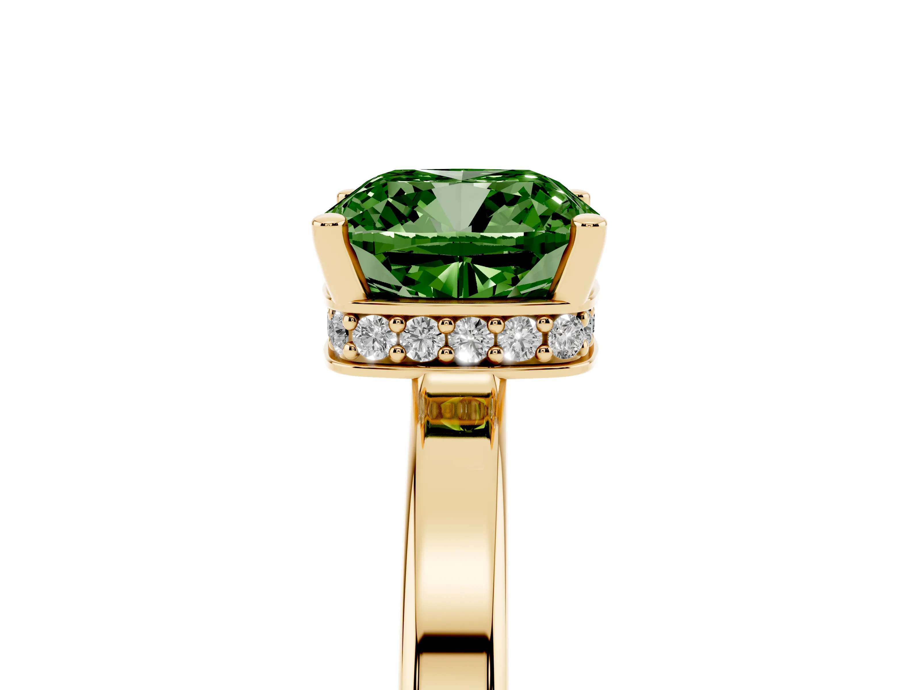 Fancy Green Cushion Cut Diamond Solitaire Engagement Ring Set in Yellow gold with Prong Setting on a Plain Band