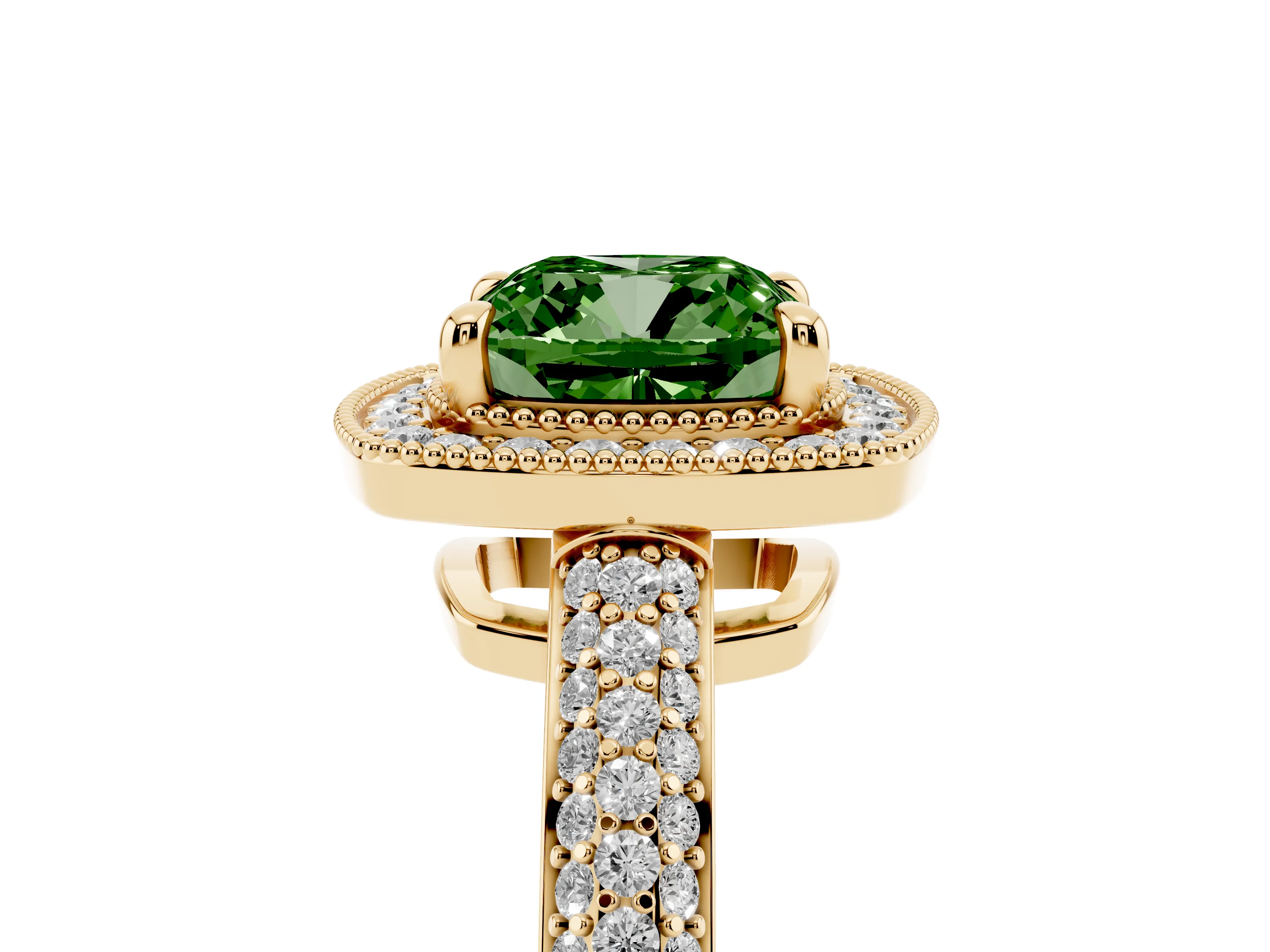 Fancy Green Cushion Cut Diamond Halo Pavé Band Set in Yellow gold with Prong Setting