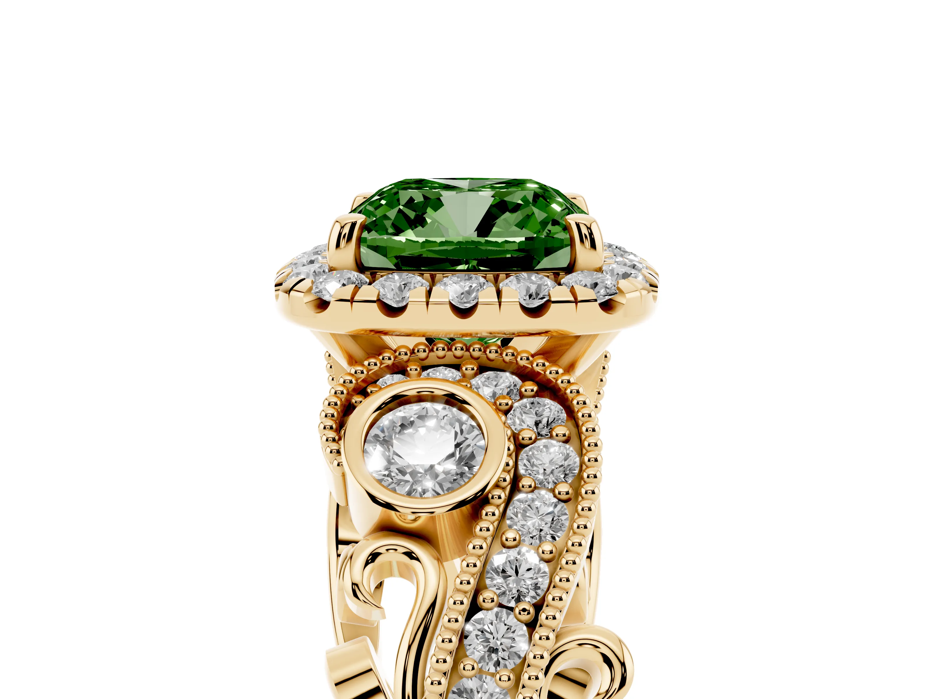 Fancy Green Cushion Cut Diamond Halo Ring Set in Yellow gold with Milgrain Pavé Band and Prong Setting