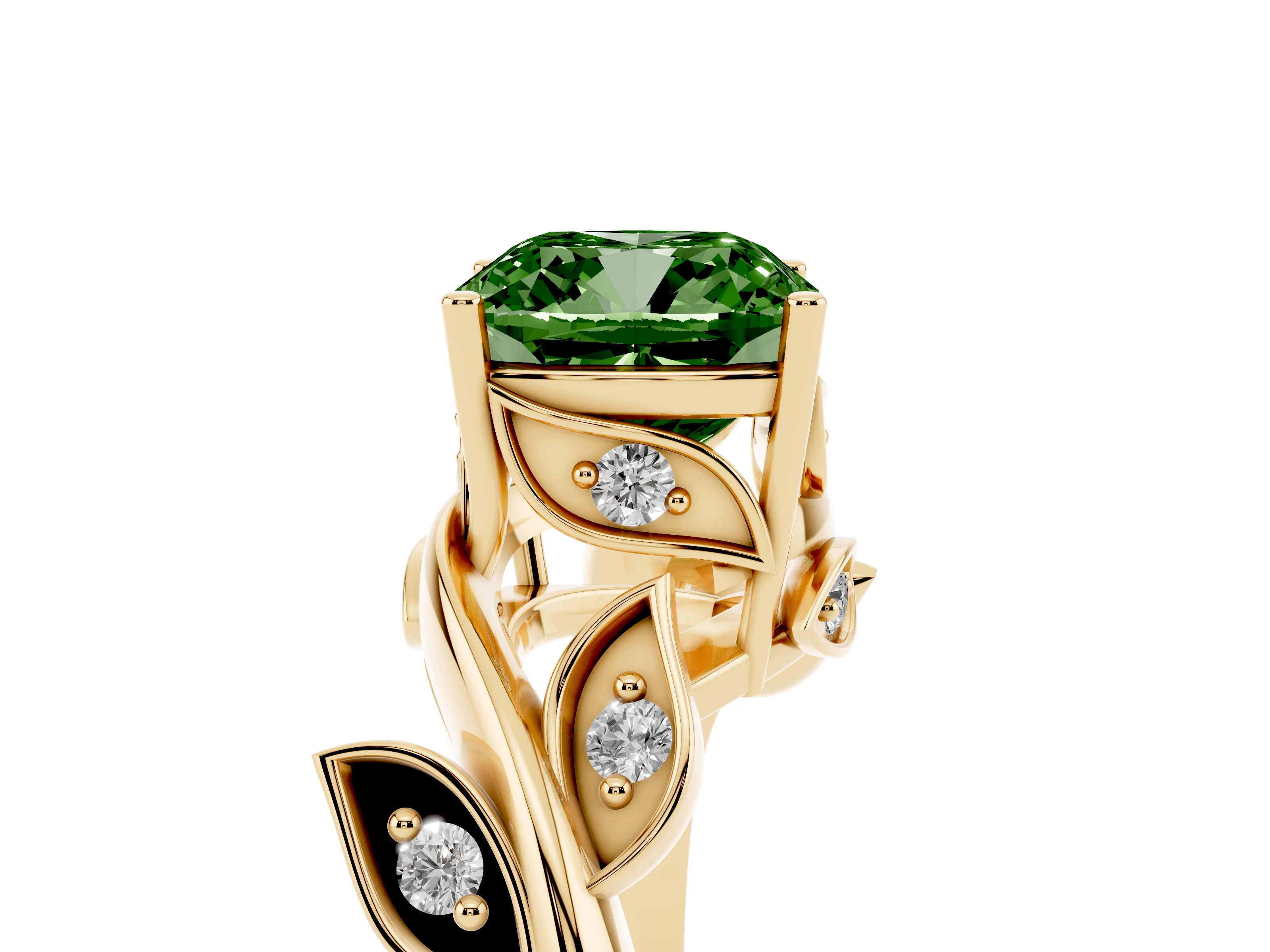 Fancy Green Cushion Cut Diamond Solitaire Twist Engagement Ring Set in Yellow gold with Pavé Leaf Accents