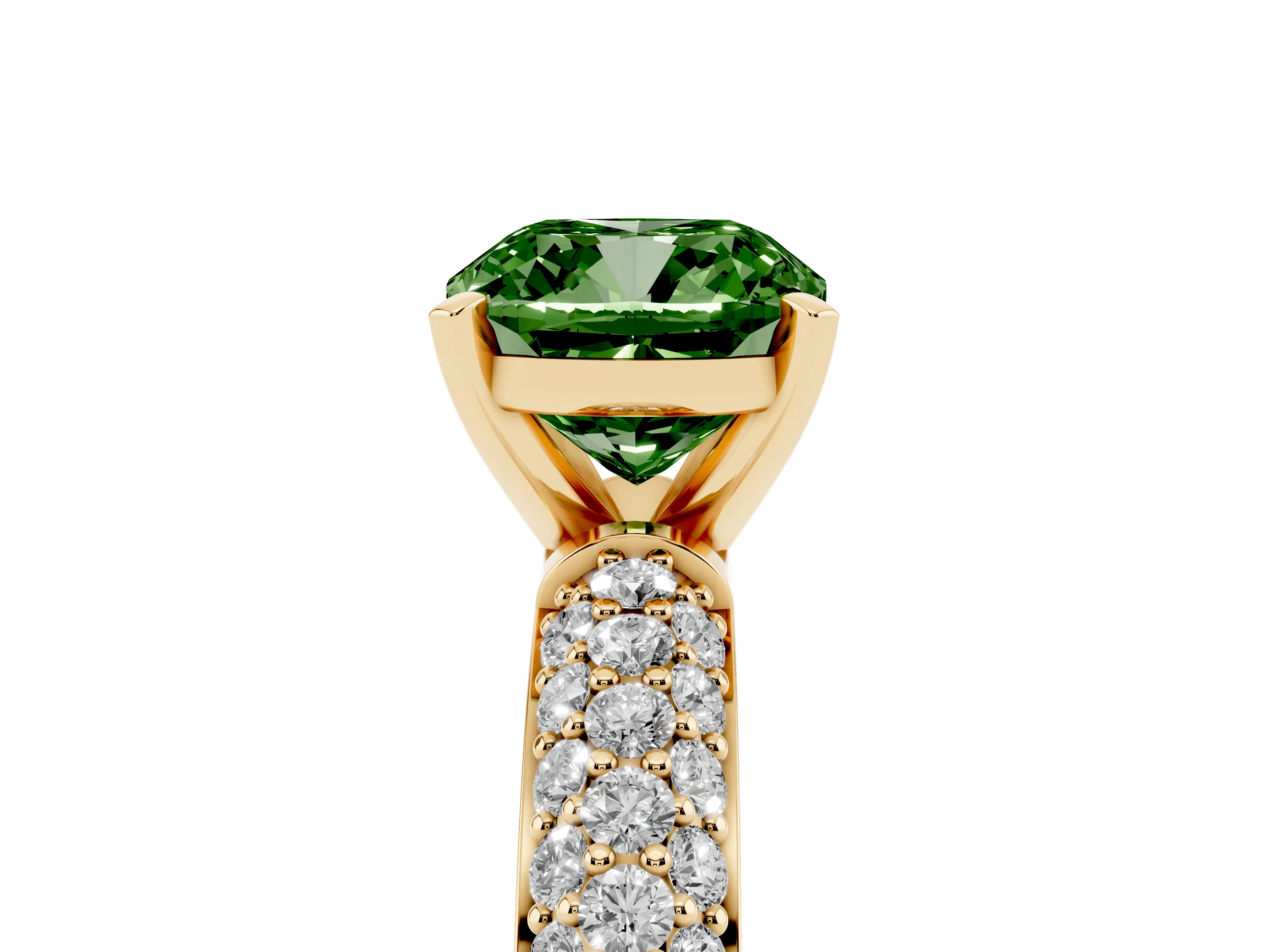 Fancy Green Cushion Cut Diamond Solitaire Ring Set in Yellow gold with Prong Setting and Pavé-Set Band
