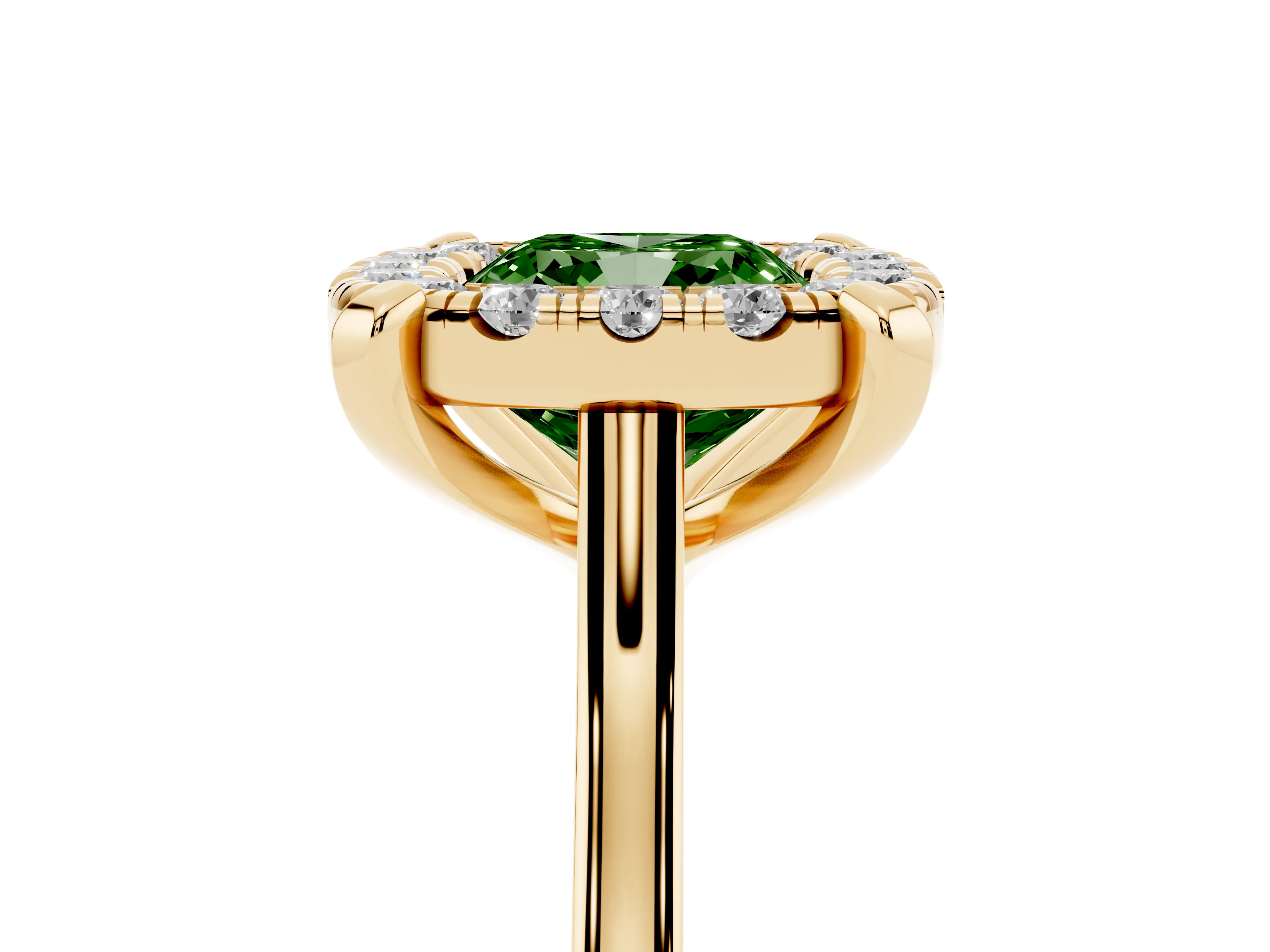 Fancy Green Cushion Cut Diamond Cluster Halo Solitaire Ring Set in Yellow gold with Prong Setting