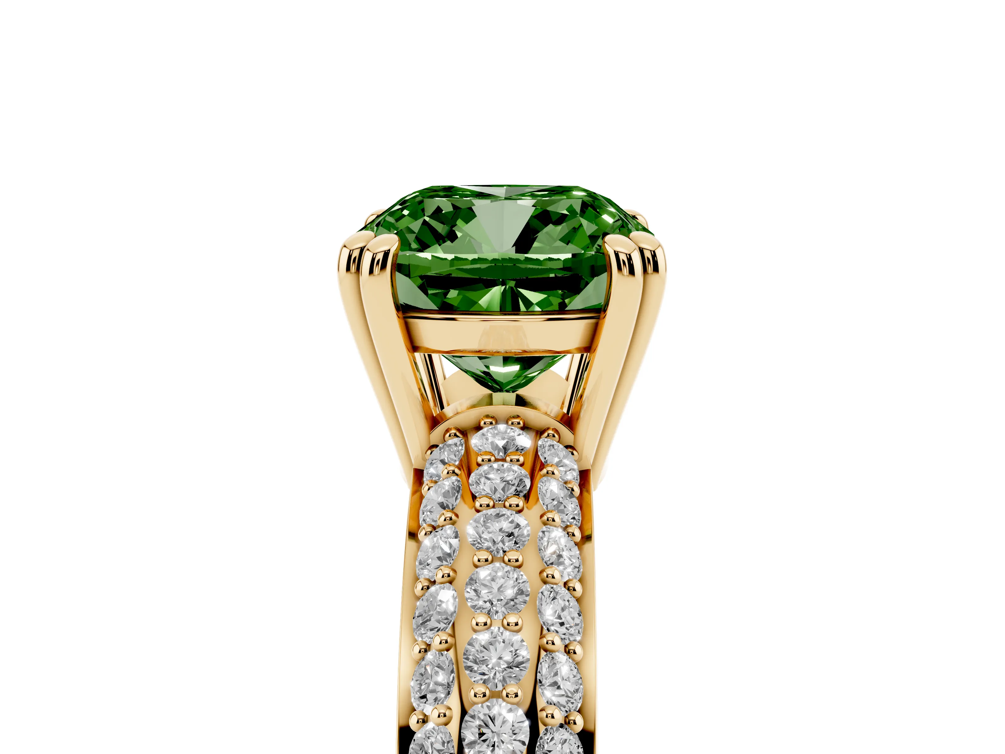Fancy Green Cushion Cut Diamond Solitaire Ring Set in Yellow gold with Multi-Row Round Pavé Band and Prong Setting