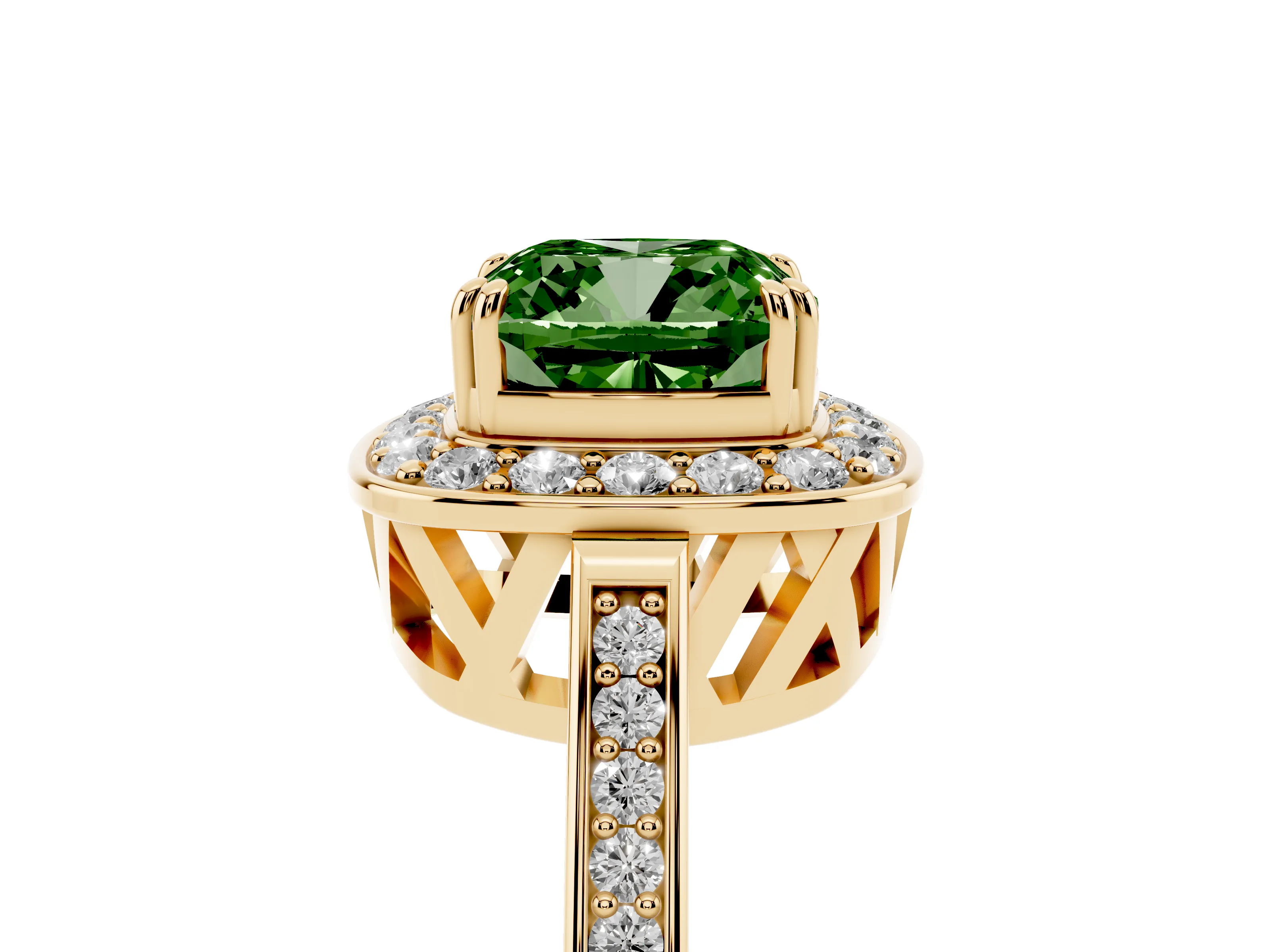 Fancy Green Cushion Cut Diamond Halo Ring Set in Yellow gold with Accent-Lined Split Shank and Prong Setting