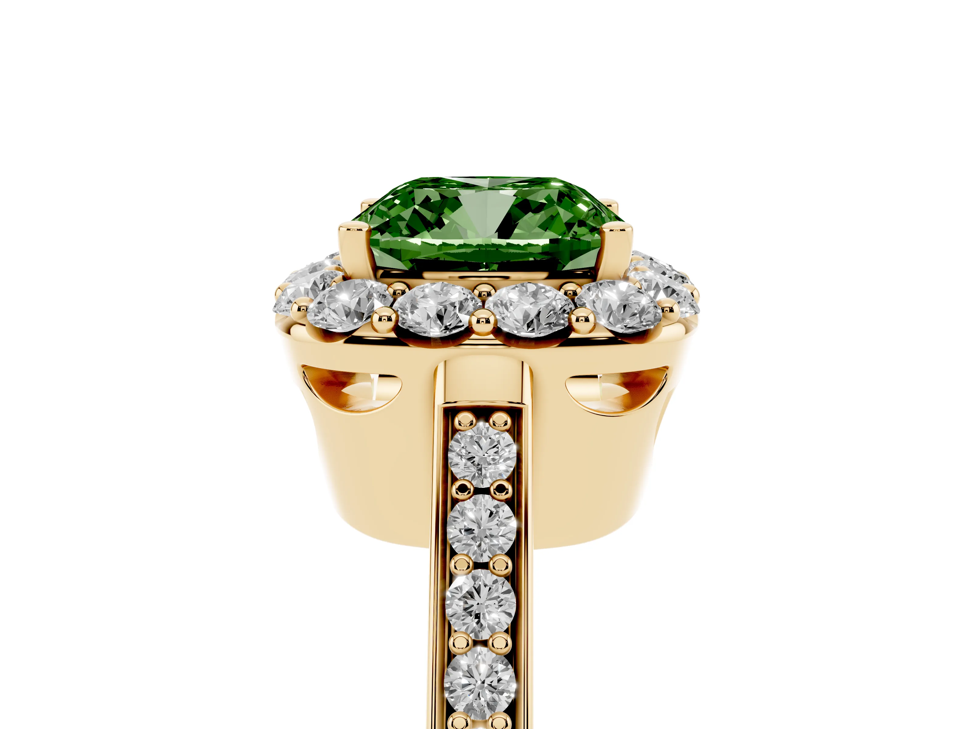 Fancy Green Cushion Cut Diamond Floral Halo Ring Set in Yellow gold with Pavé Band and Prong Setting