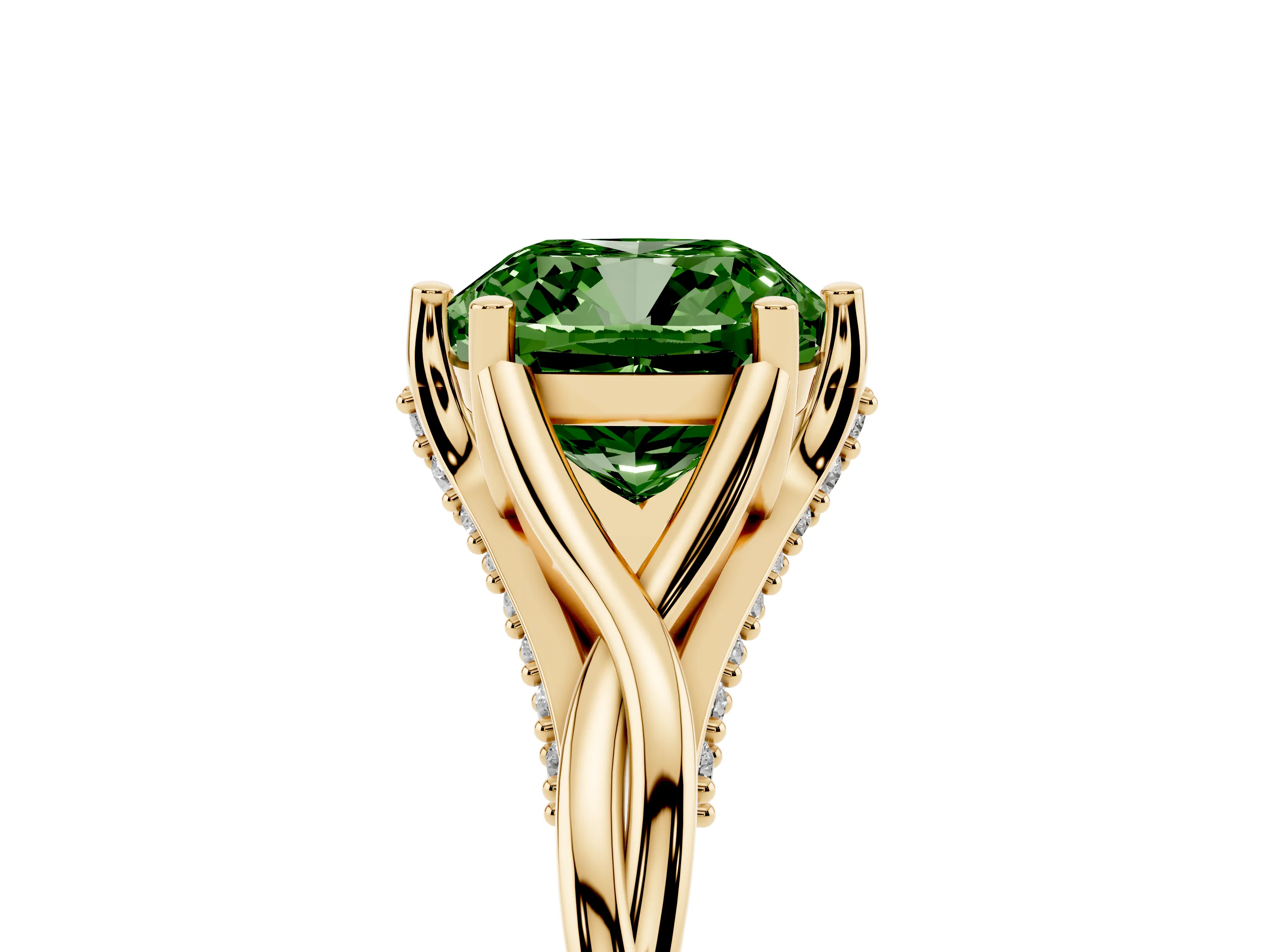 Fancy Green Cushion Cut Diamond Intertwined Twist Band Solitaire Ring Set in Yellow gold with Prong Setting