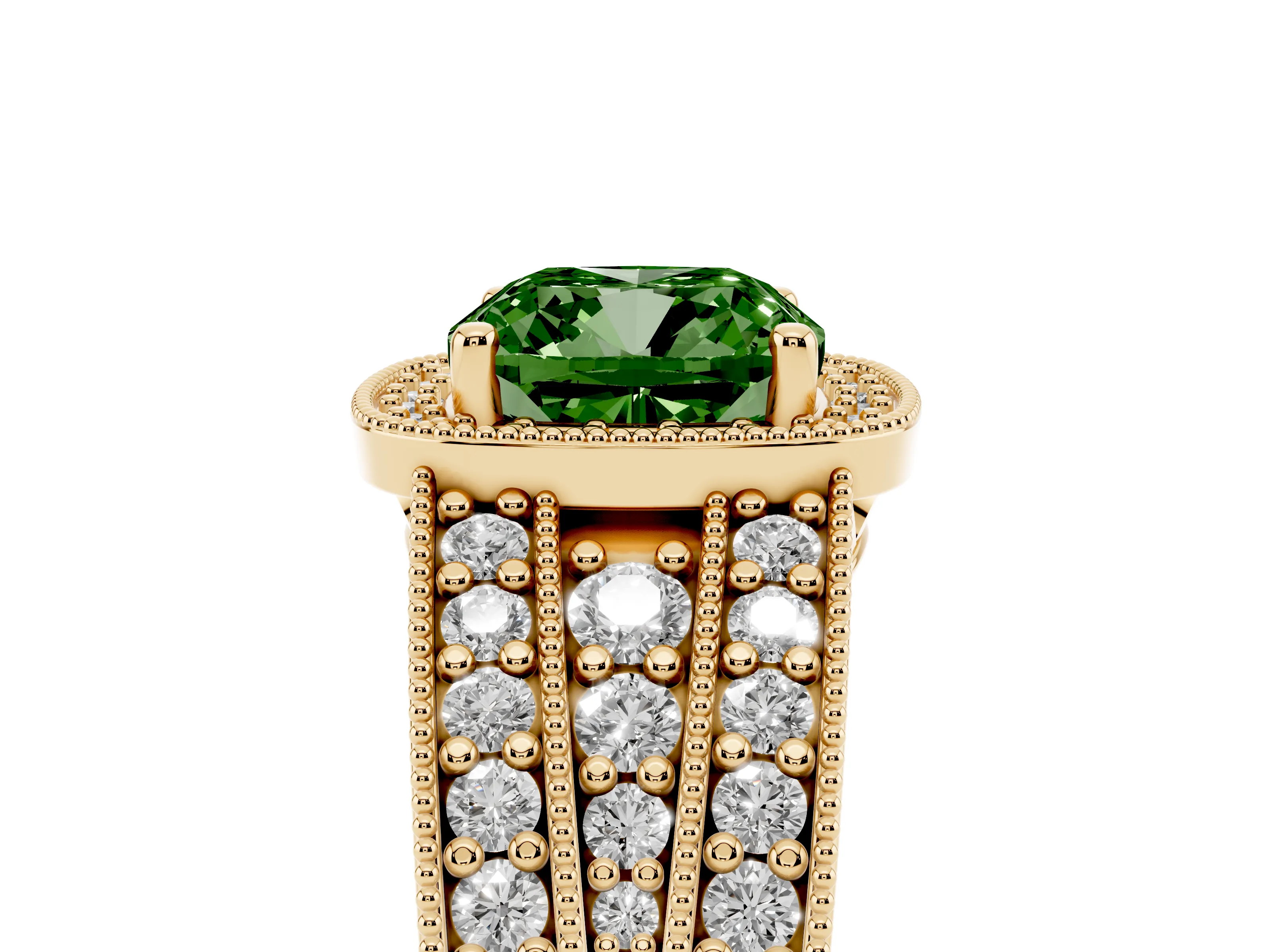 Fancy Green Cushion Cut Diamond Halo Ring Set in Yellow gold with Accent Split Shank and Prong Setting