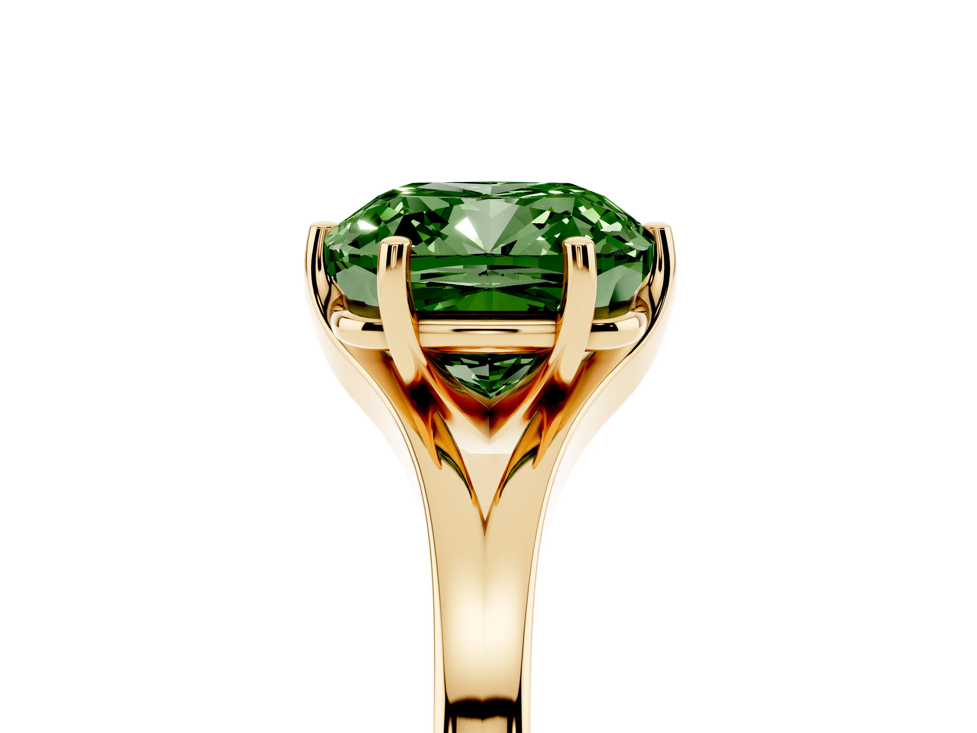 Fancy Green Cushion Cut Diamond Solitaire Ring Set in Yellow gold with Polished Tapered Band and Prong Setting