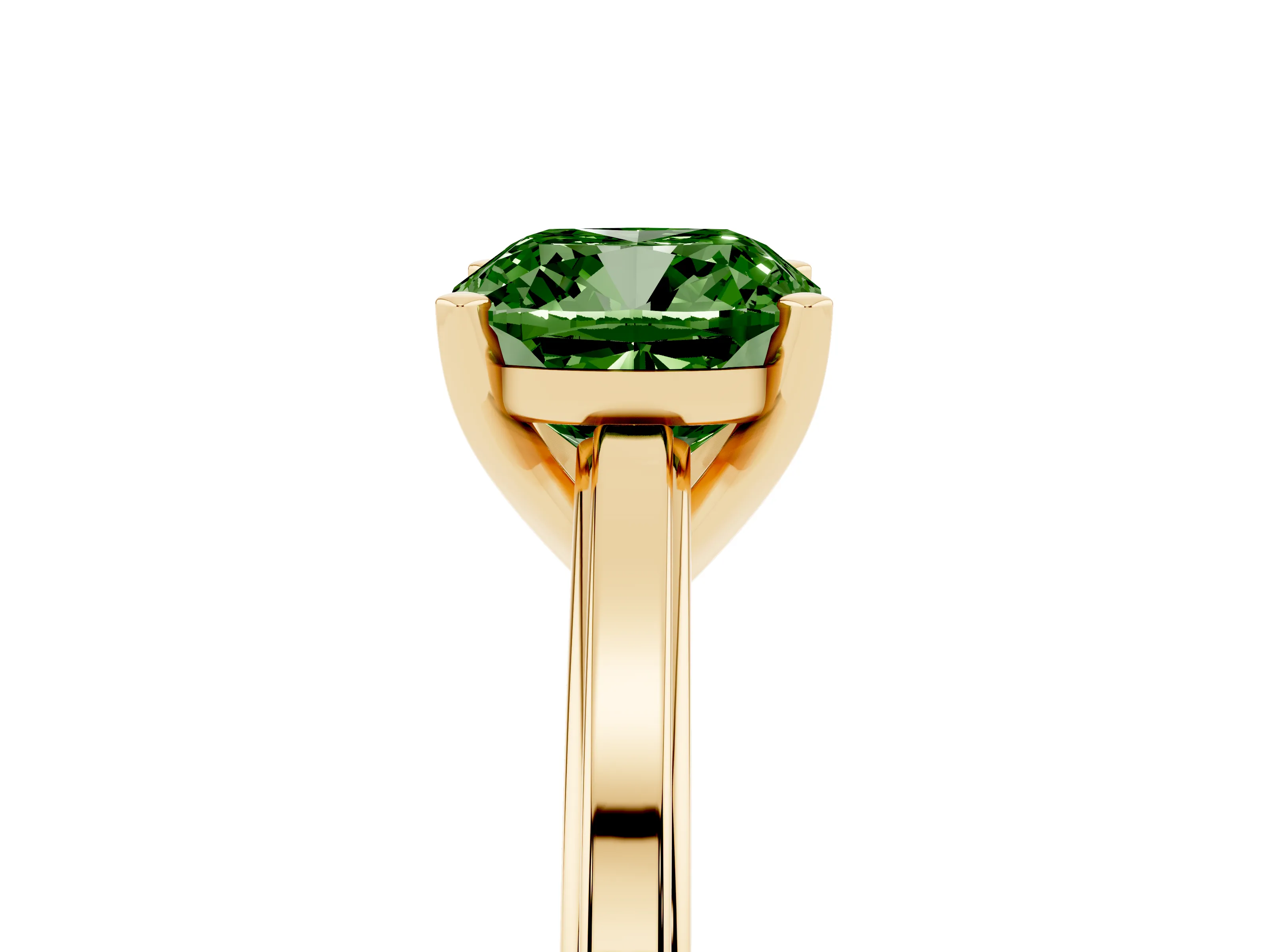 Fancy Green Cushion Cut Diamond Solitaire Ring Set in Yellow gold with Prong Setting and Classic Band