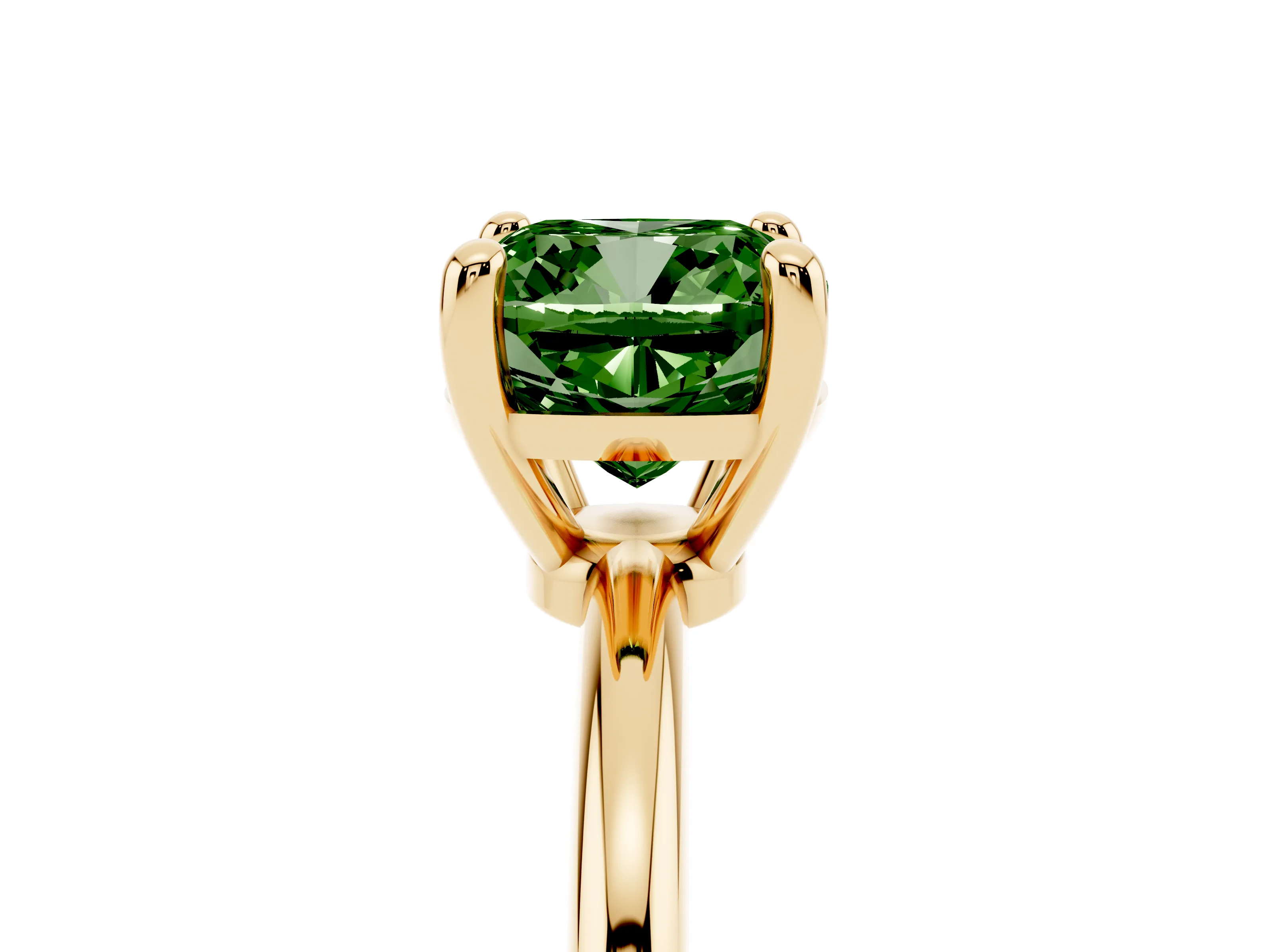 Fancy Green Cushion Cut Diamond Solitaire Ring Set in Yellow gold with Secure Prong Setting on a Classic Band