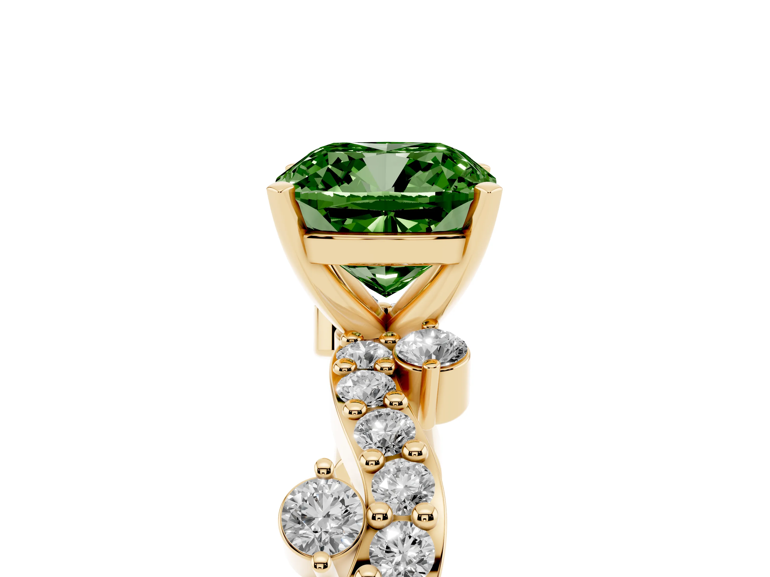 Fancy Green Cushion Cut Diamond Solitaire Twisted Band Set in Yellow gold with Pavé Setting