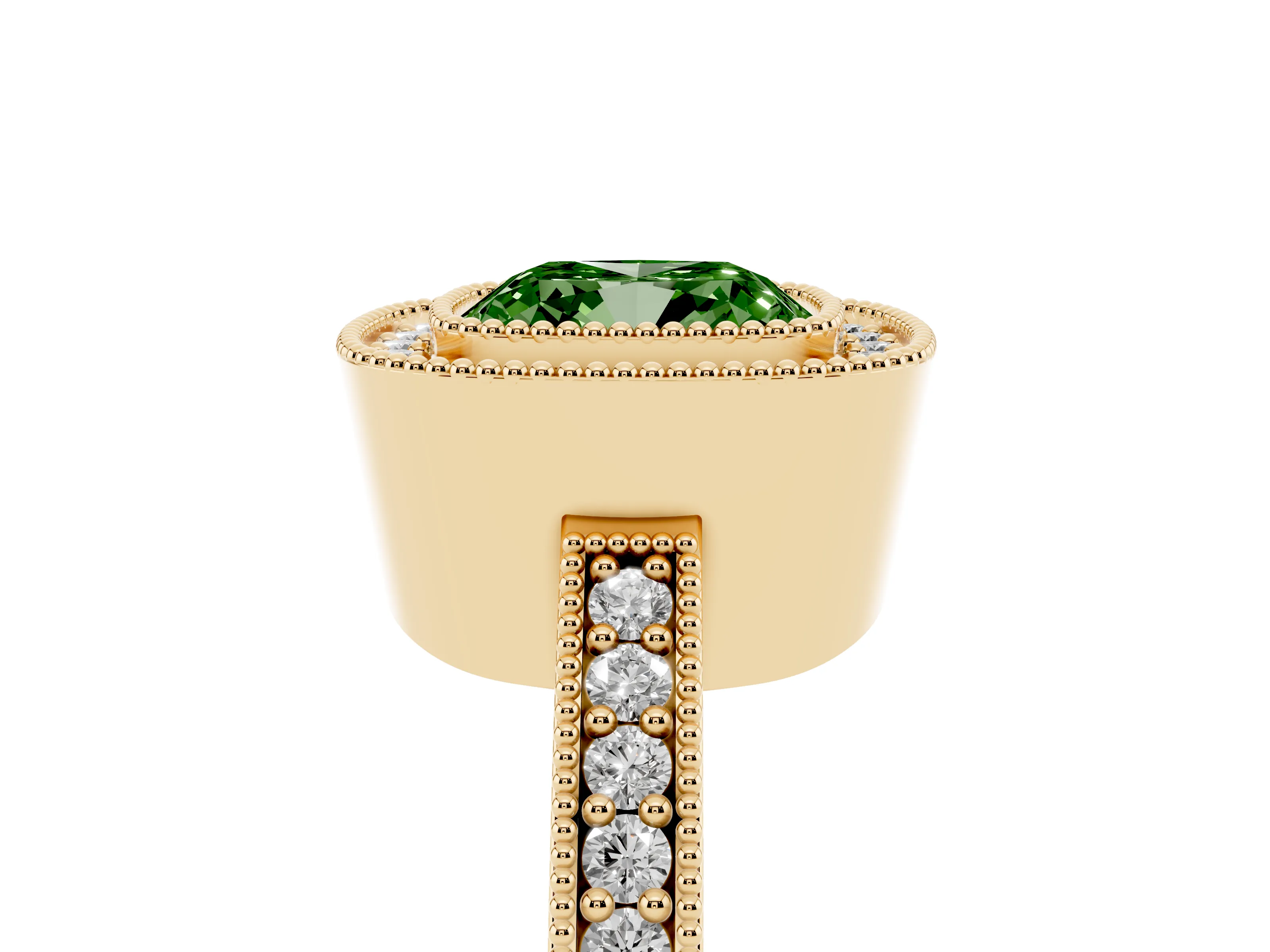 Fancy Green Cushion Cut Diamond Halo Engagement Ring Set in Yellow gold with Pavé Band and Round Halo Stones