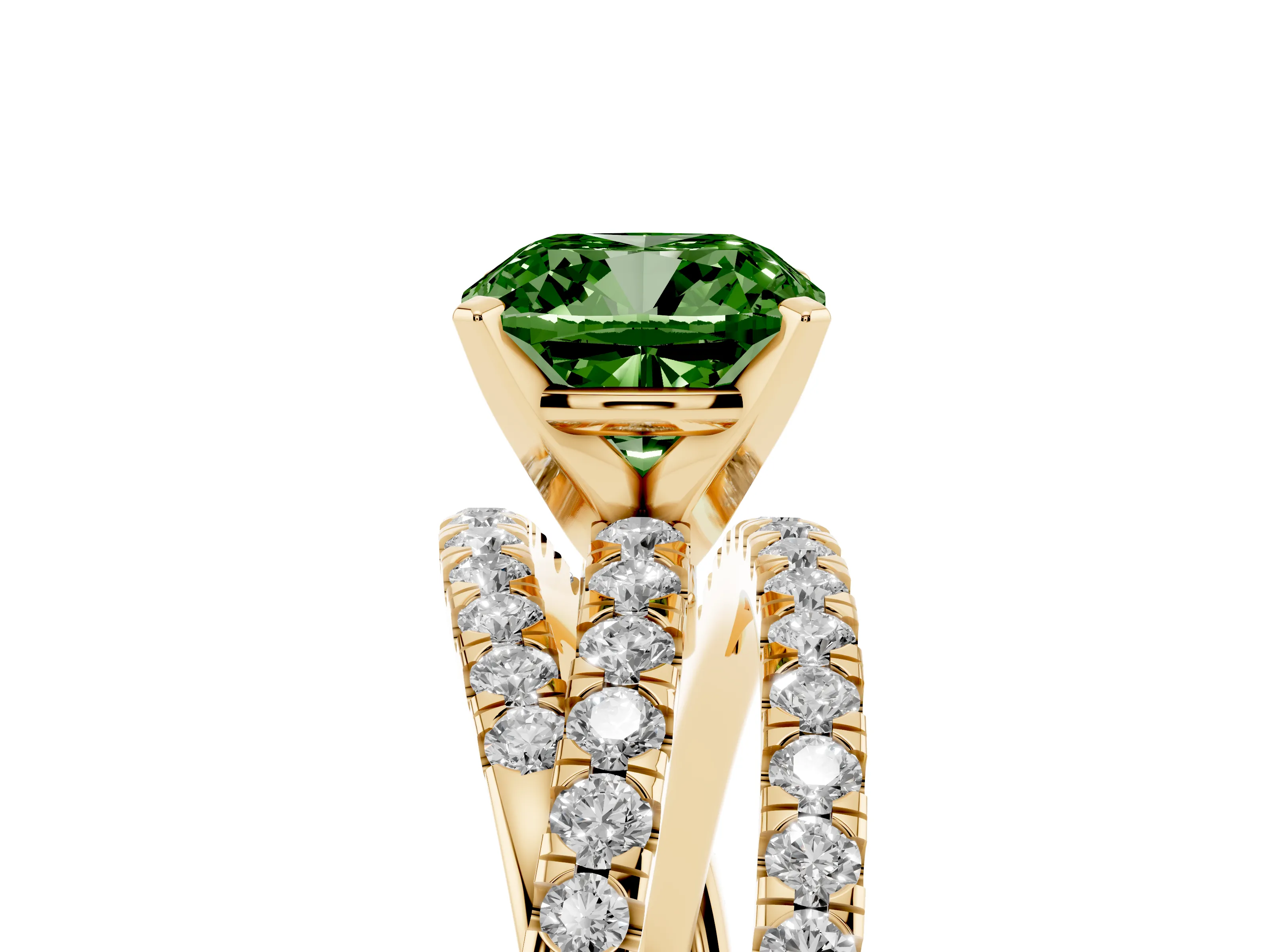 Fancy Green Cushion Cut Diamond Solitaire Twist Band Ring Set in Yellow gold with Pavé Setting and Prong Head