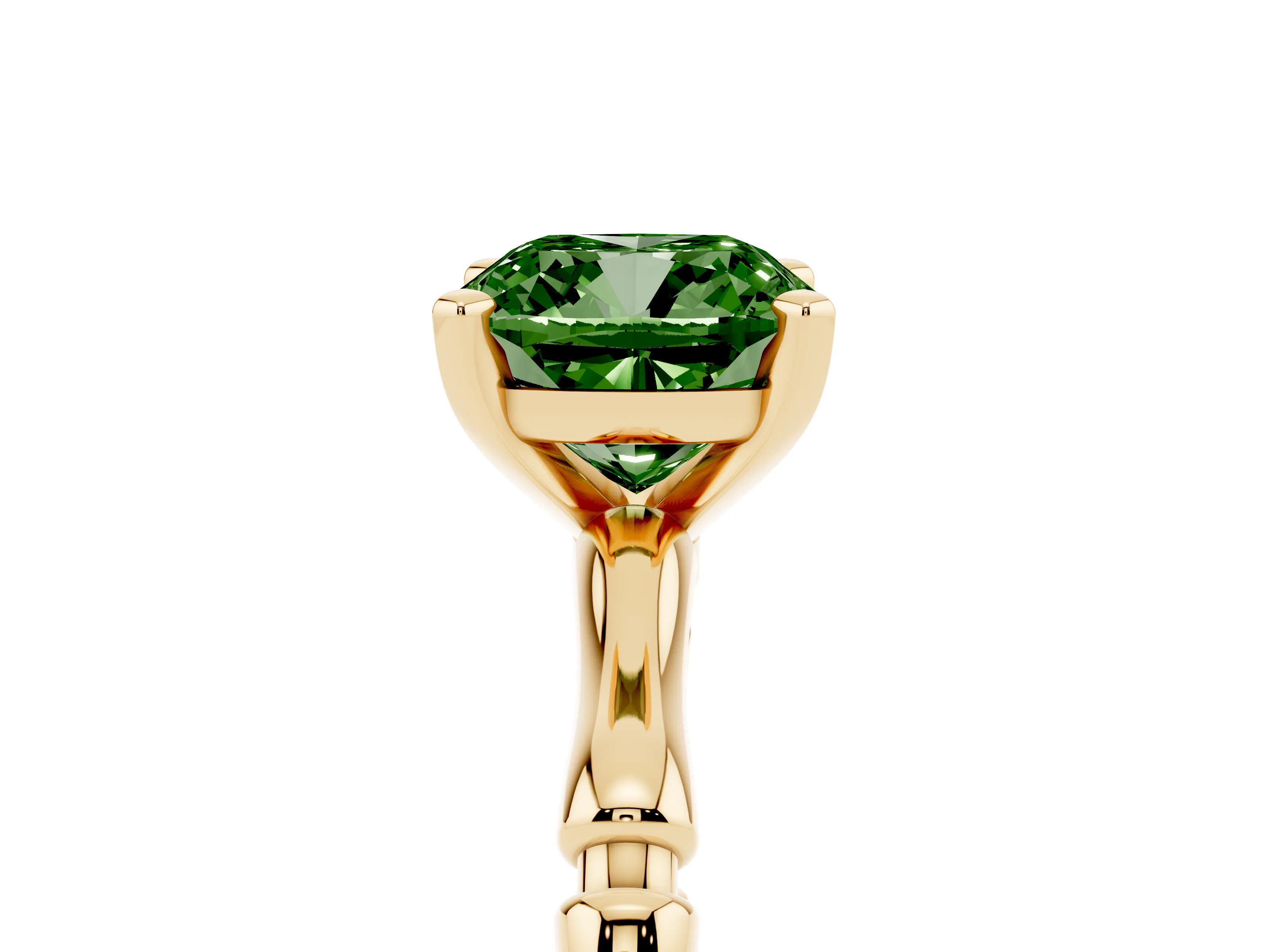 Fancy Green Cushion Cut Diamond Solitaire Ring Set in Yellow gold with Bamboo Band and Prong Setting