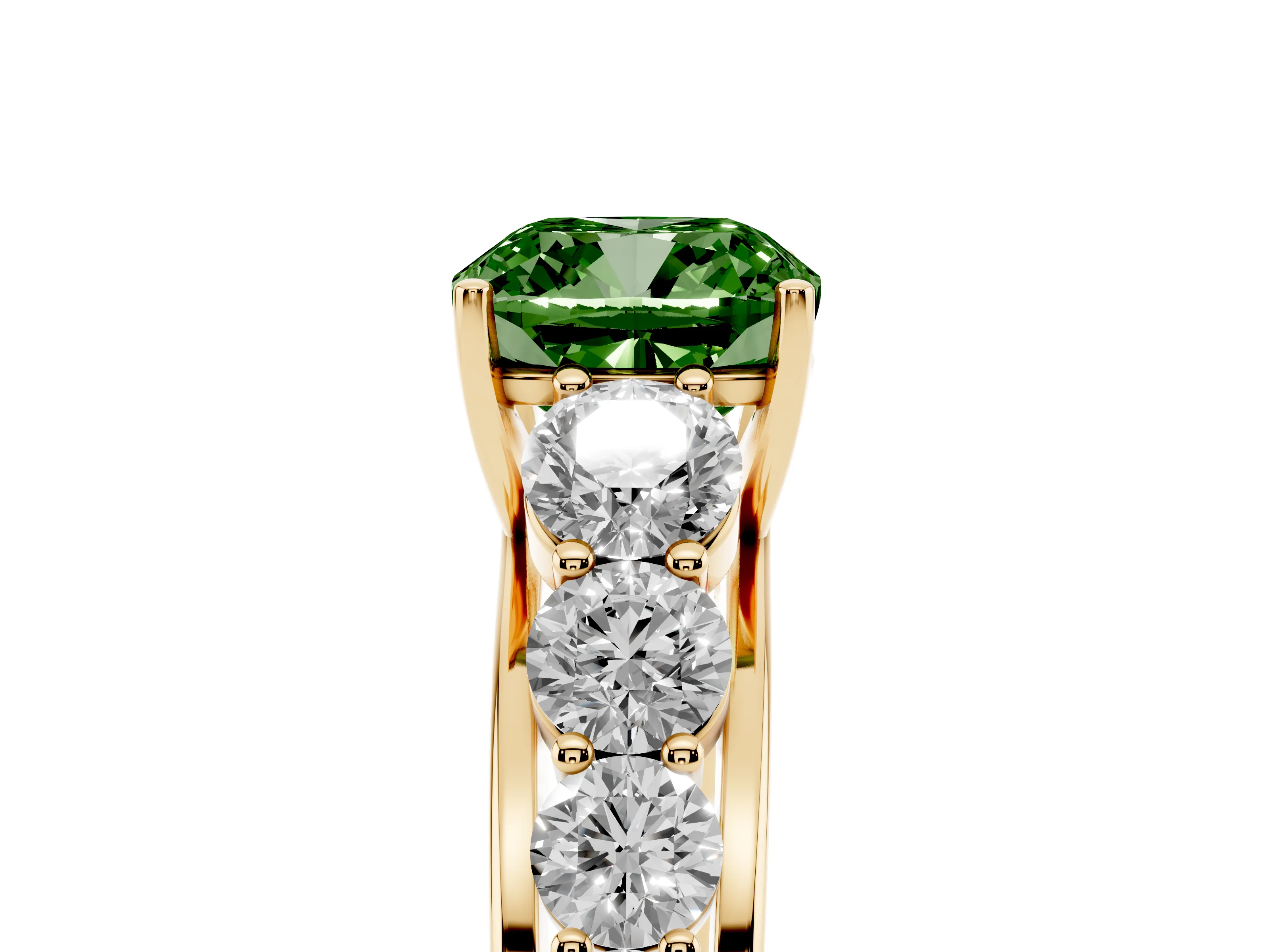 Fancy Green Cushion Cut Diamond Solitaire Ring Set in Yellow gold with Pavé-Set Band and Prong Setting