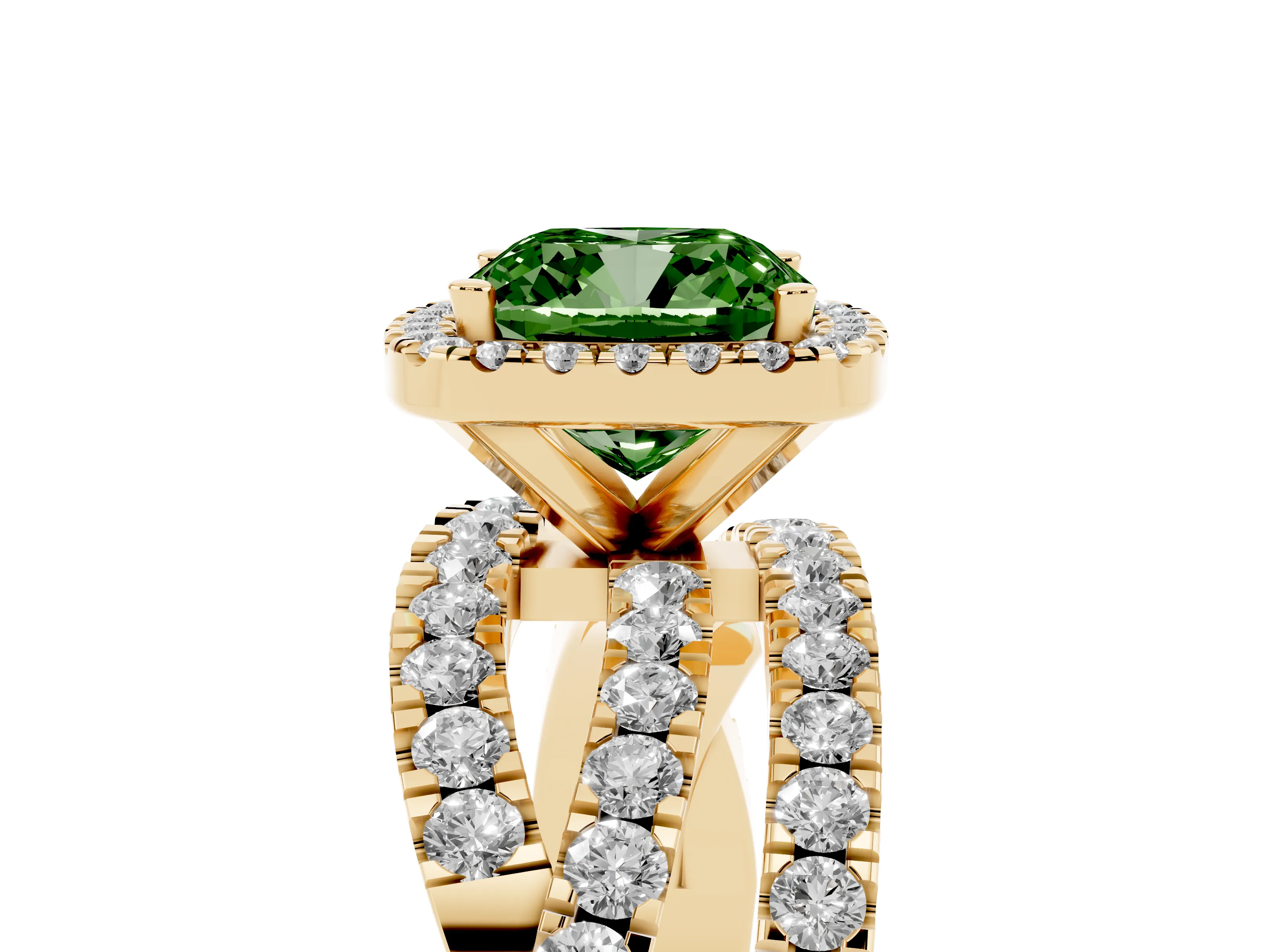 Fancy Green Cushion Cut Diamond Halo Ring Set in Yellow gold with Round Crossover Split Shank and Prong Setting