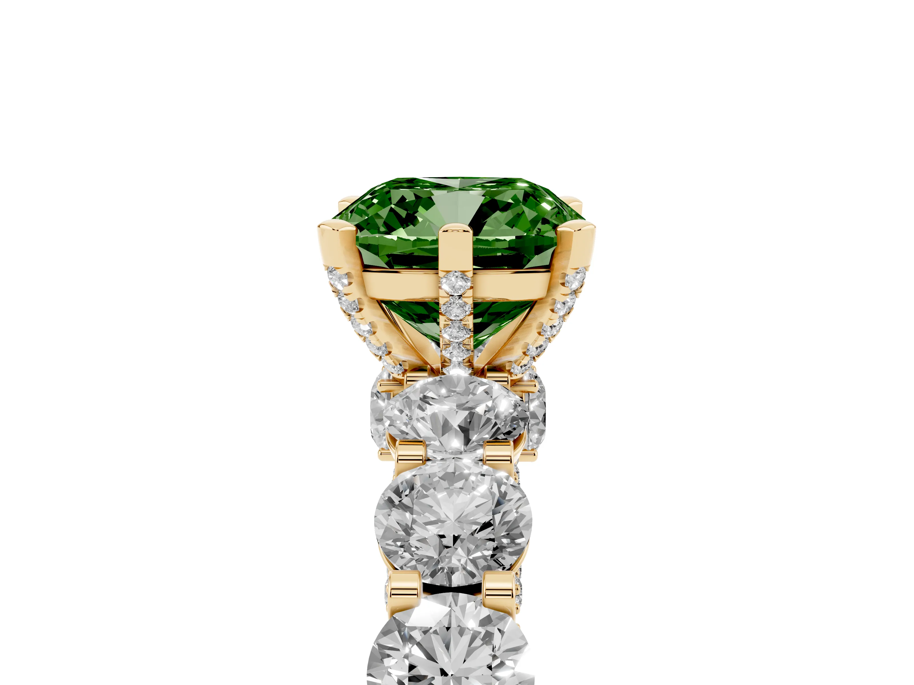 Fancy Green Cushion Cut Diamond Side Stone Ring Set in Yellow gold with Alternating Round and Oval Side Stones