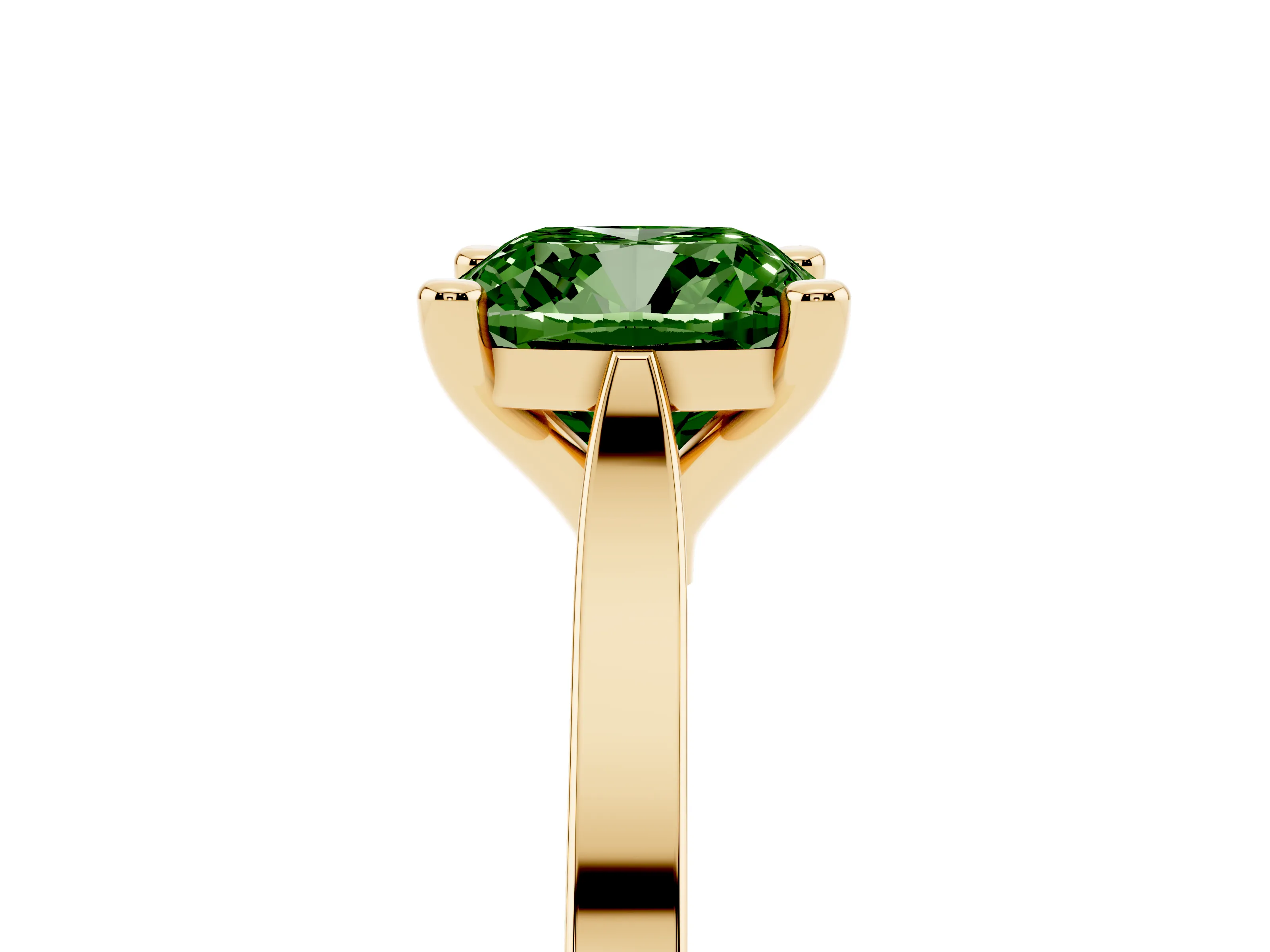 Fancy Green Cushion Cut Diamond Solitaire Ring Set in Yellow gold with Prong Setting and Tapered Band